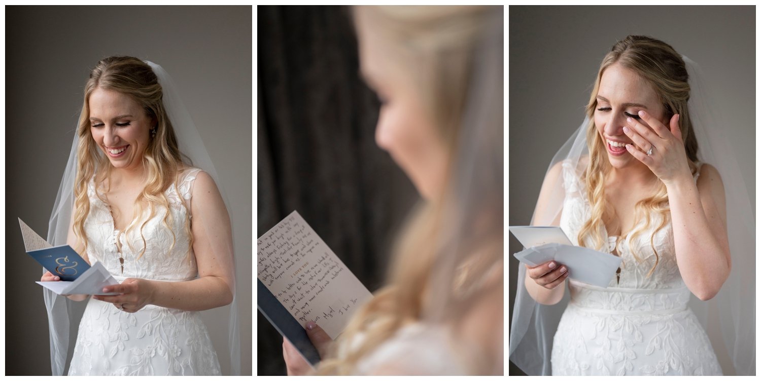 bride reading vow book letter from groom