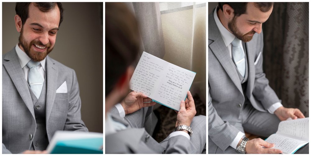 groom reading love letter 