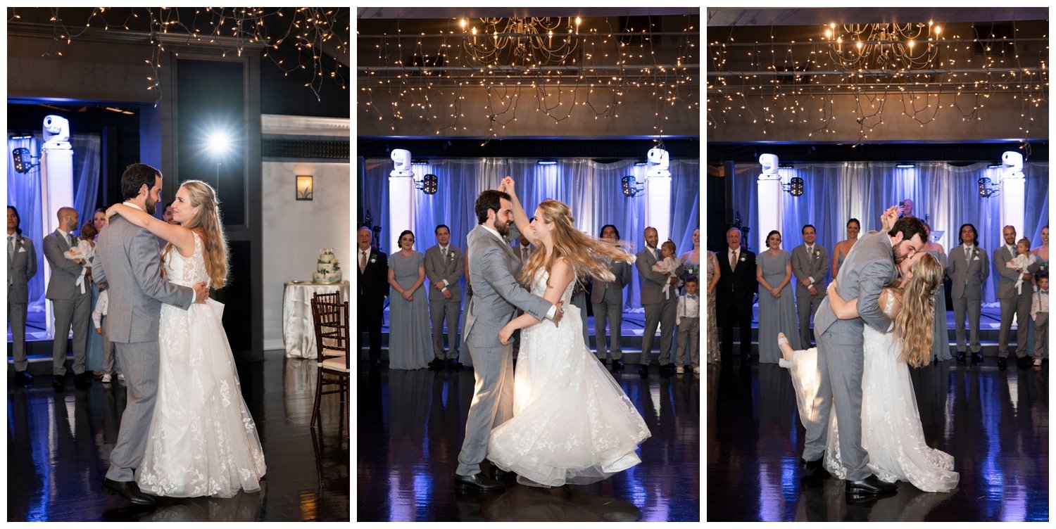 bride and groom reception first dance inside The River Club