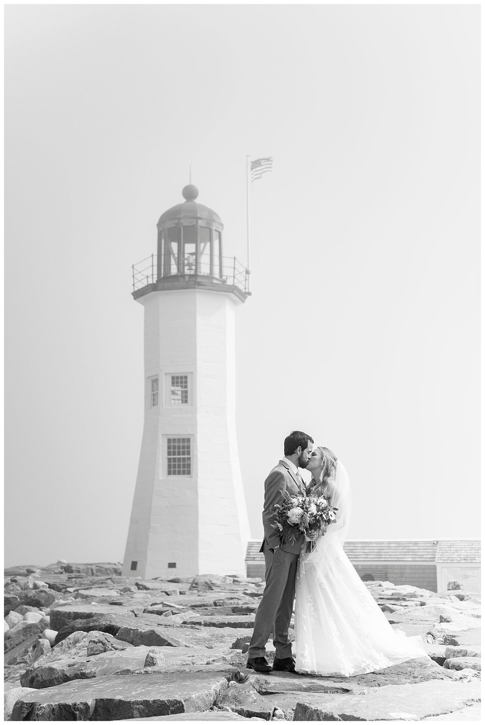 bride and groom portrait in front of the Scituate lighthouse by The River Club