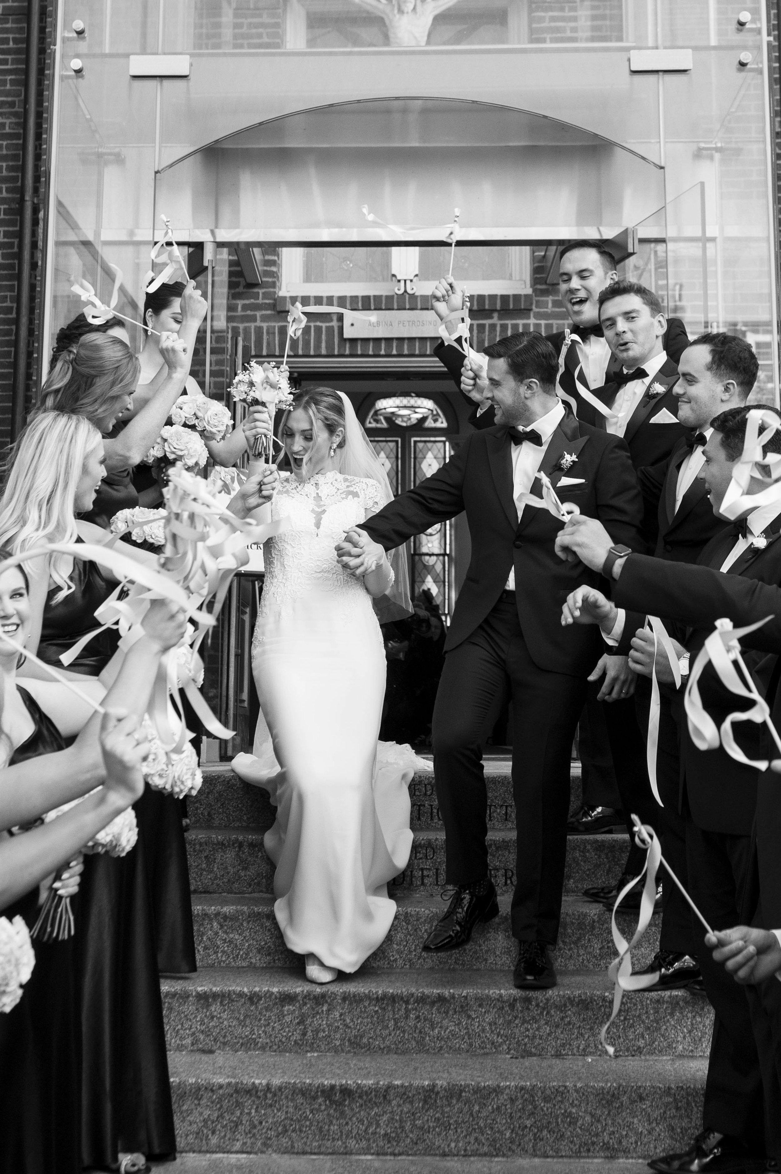 bridal party celebratory wedding photos in Boston