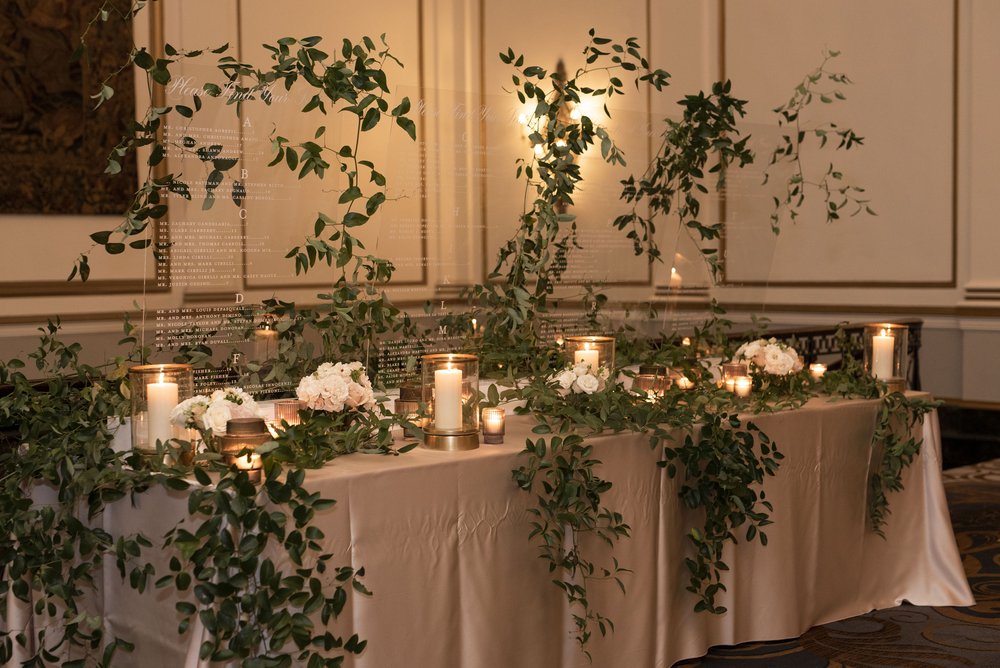 wedding reception detail photos of wedding table with greenery
