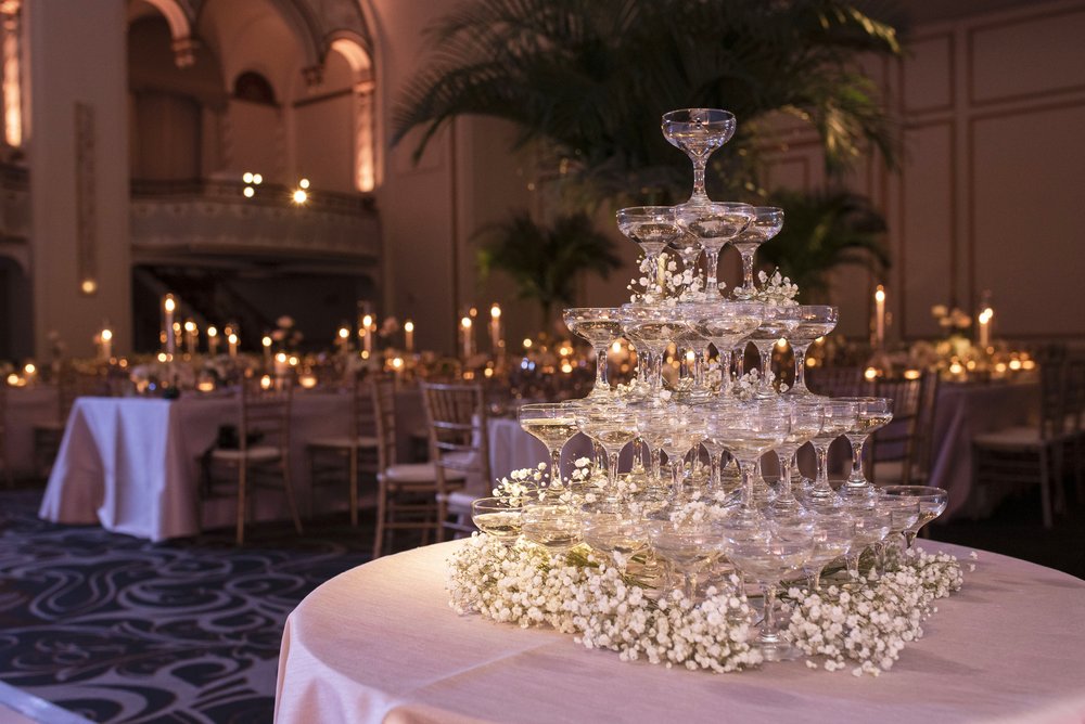 champagne tower during wedding
