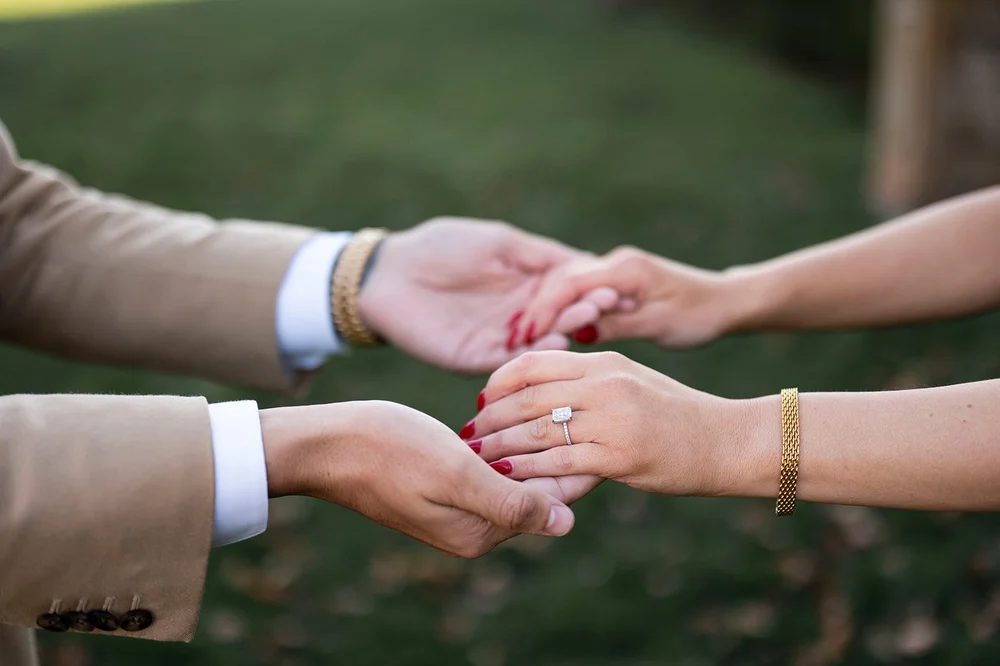 couple holding hands during engagement shoot at crane estate