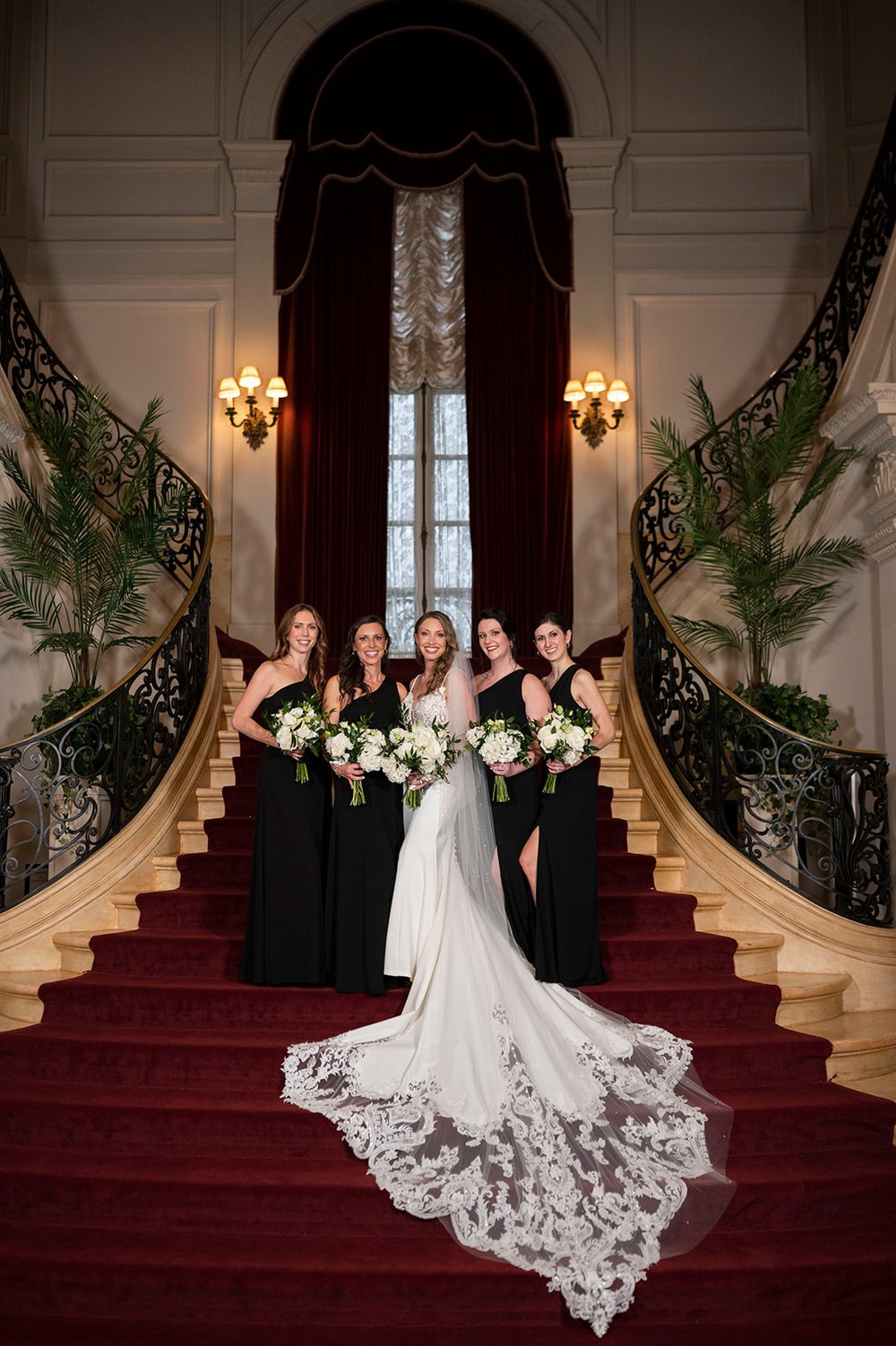  bridal party photos with bride and groom inside rosecliff mansion 
