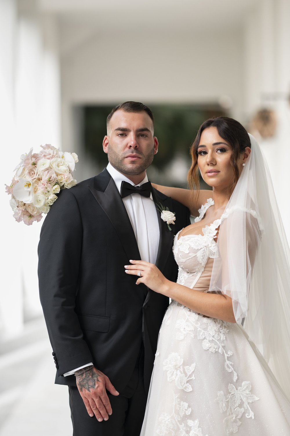 bride and groom posing in baker's cay resort