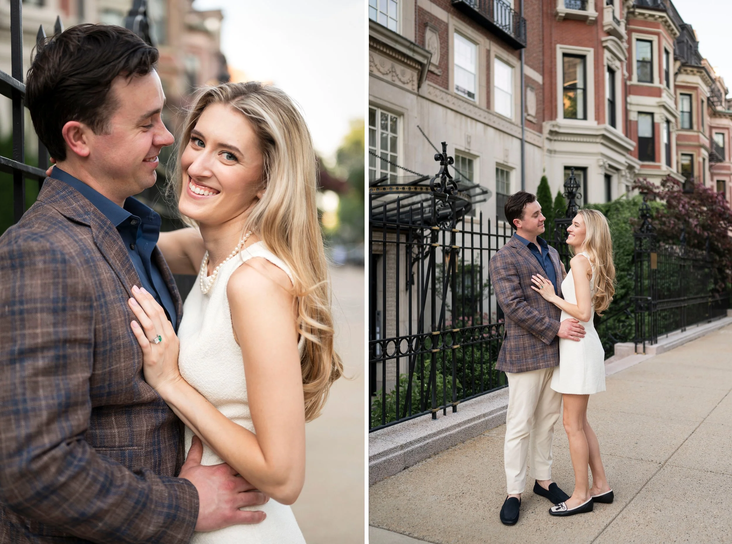 Cathryn and Brendan leaning on a fence at comm ave during their engagement session