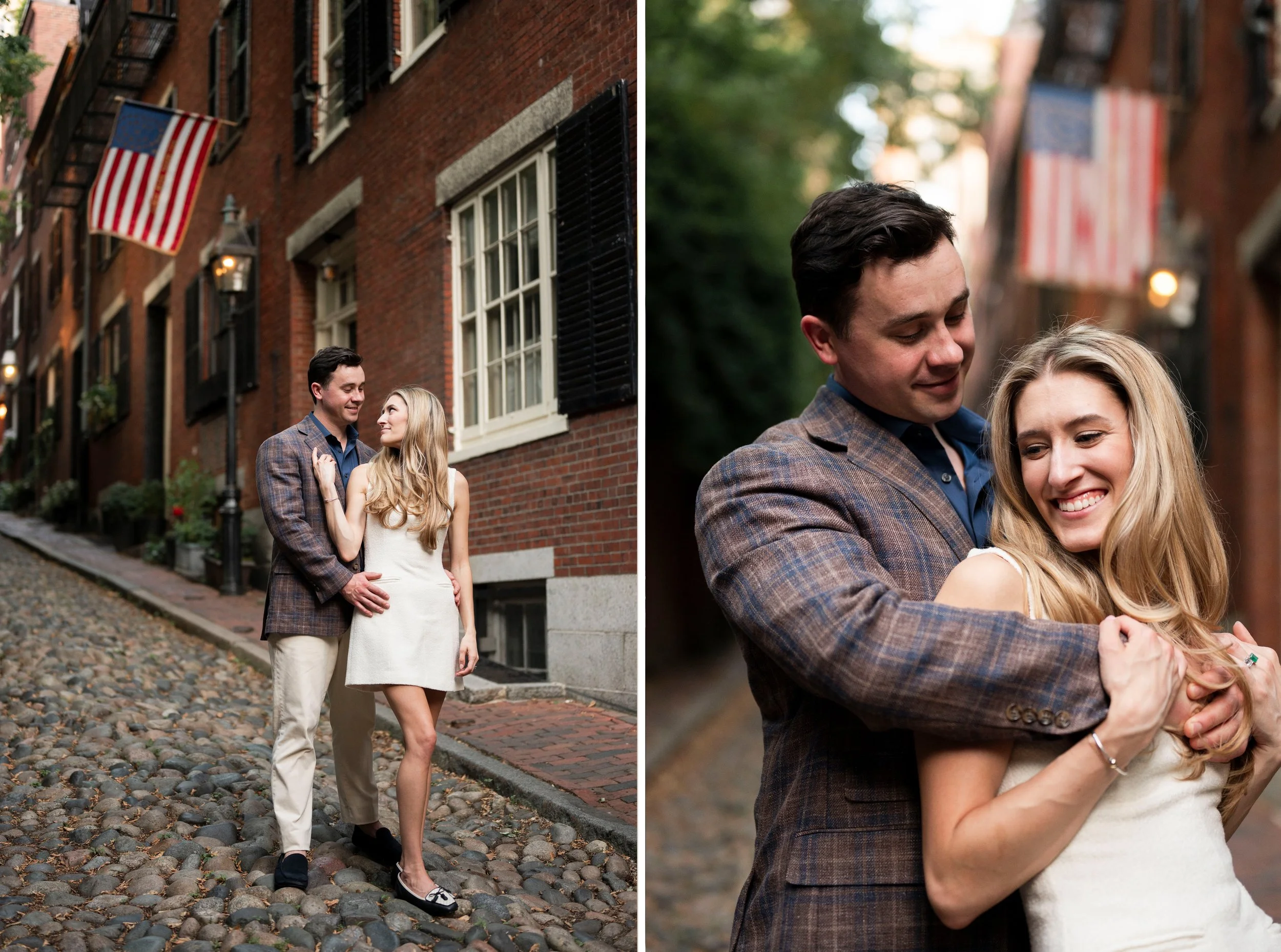 Cathryn and Brendan standing in Acorn street boston during their engagement session