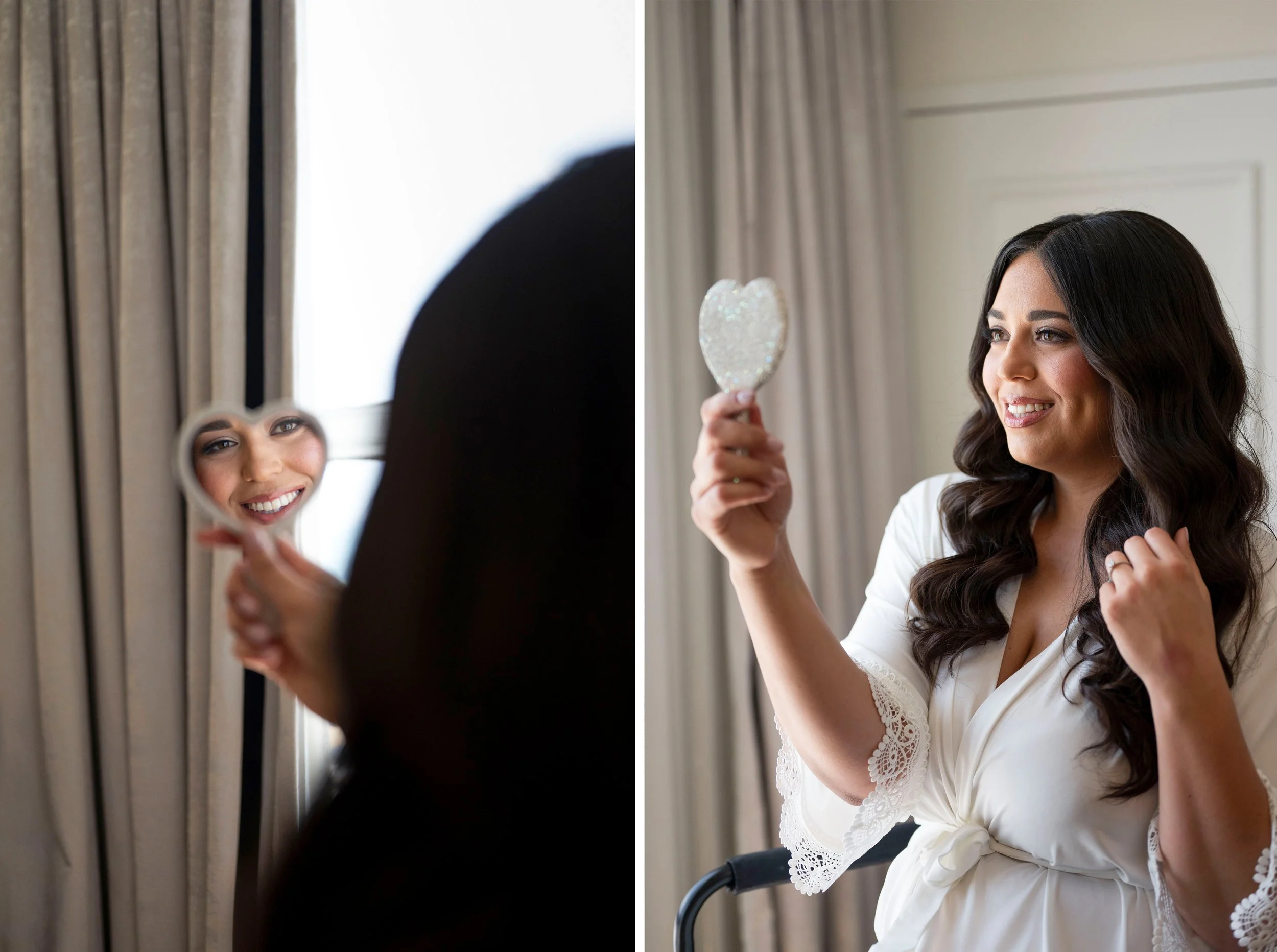 Christina looking at herself in a mirror getting ready her wedding day at the Loews hotel in miami