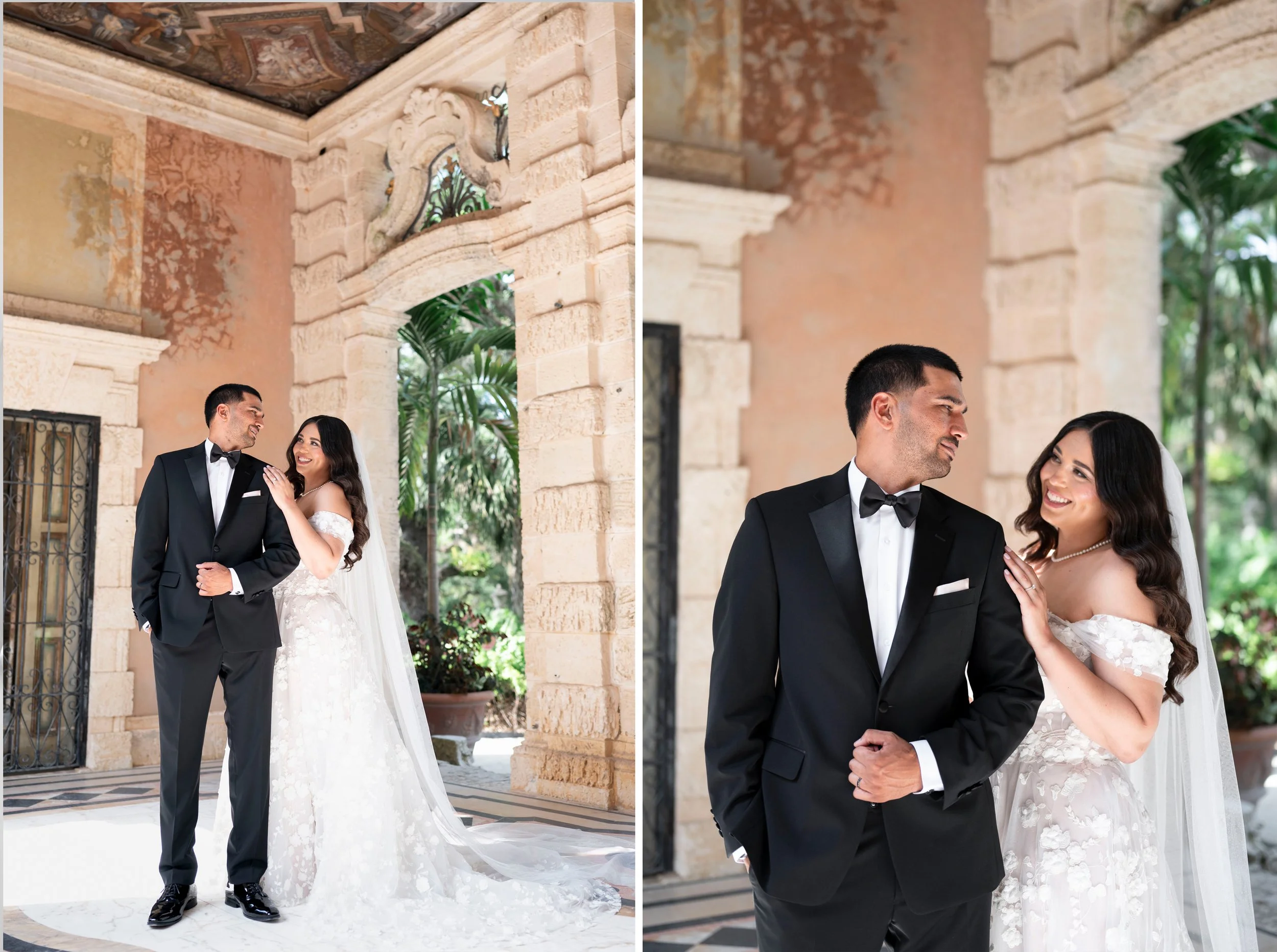 bride and groom looking at each other at the Vizcaya museum on their wedding day