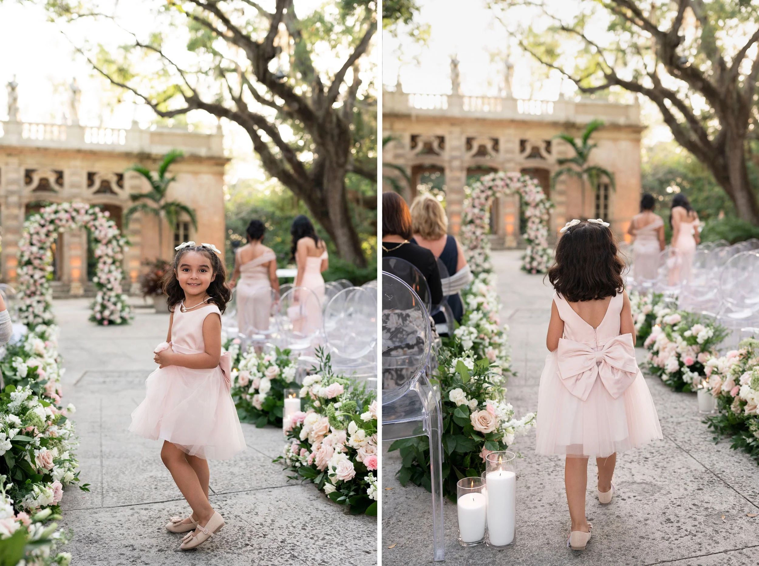 little girl walking towards the ceremony area in a wedding at the vizcaya museum in miami