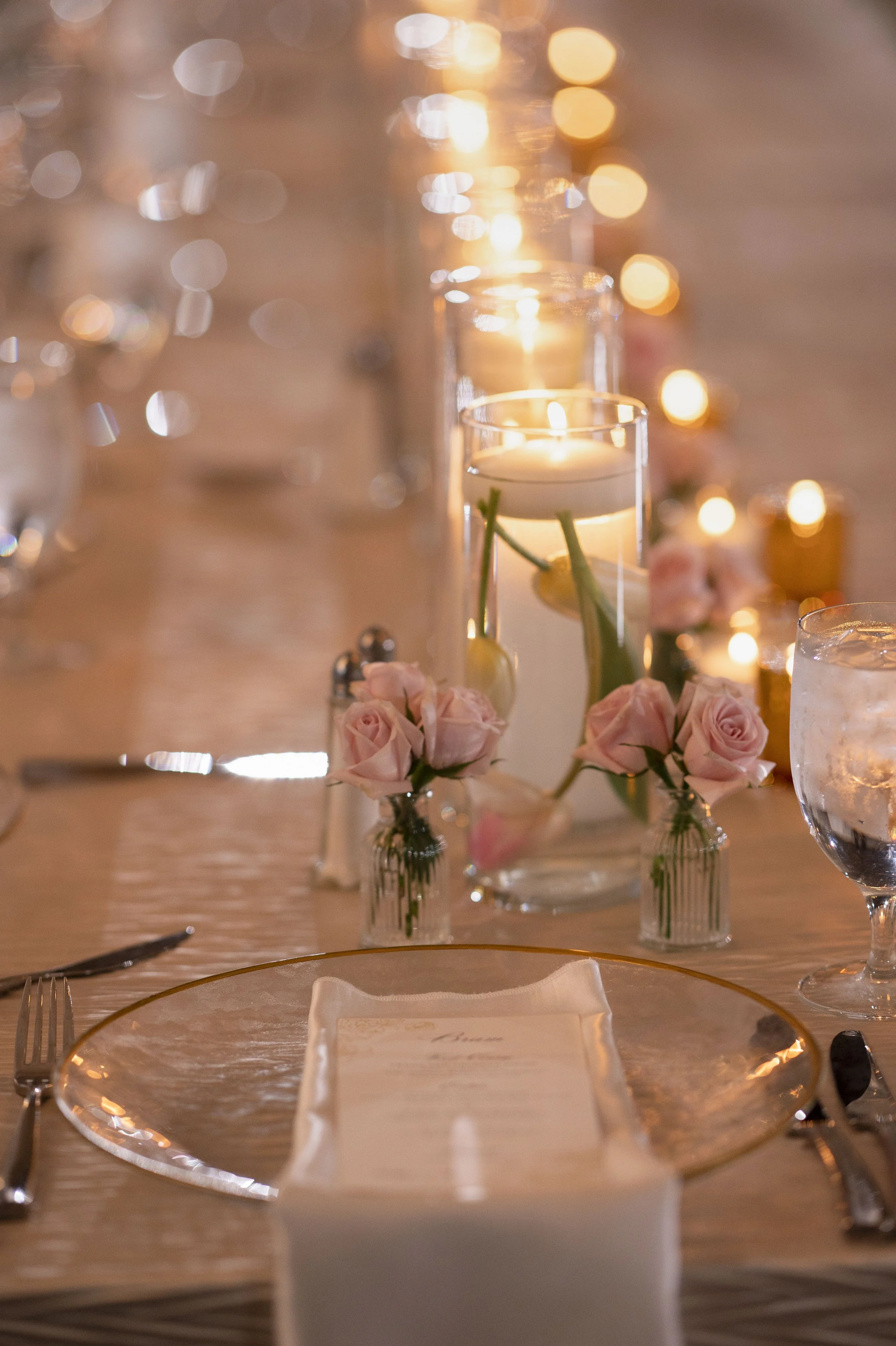 elegant reception ballroom at the park plaza decorated for Lindsey and Mac's jewish wedding