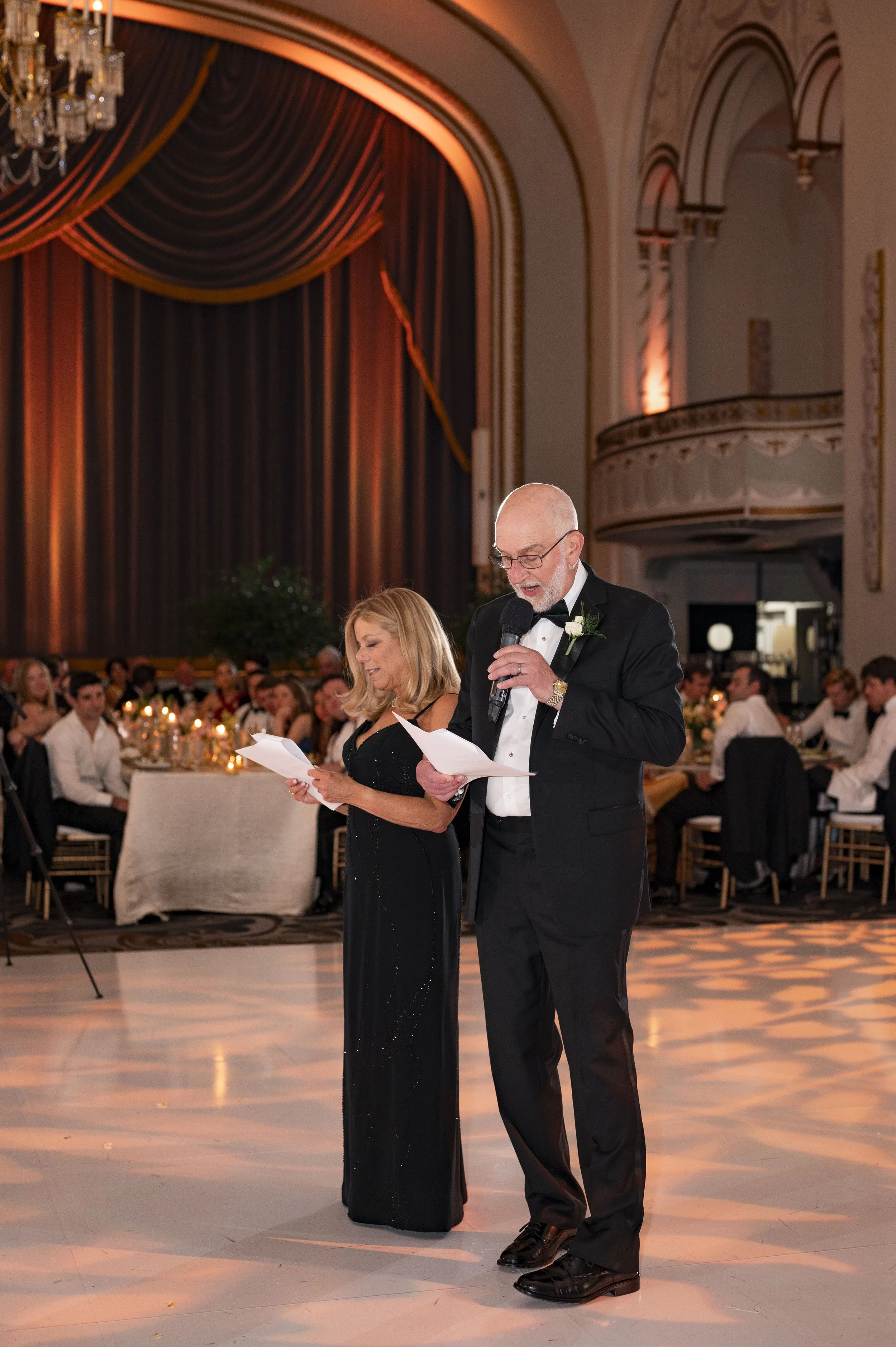 parents of the bride give speeches during reception at the boston park plaza