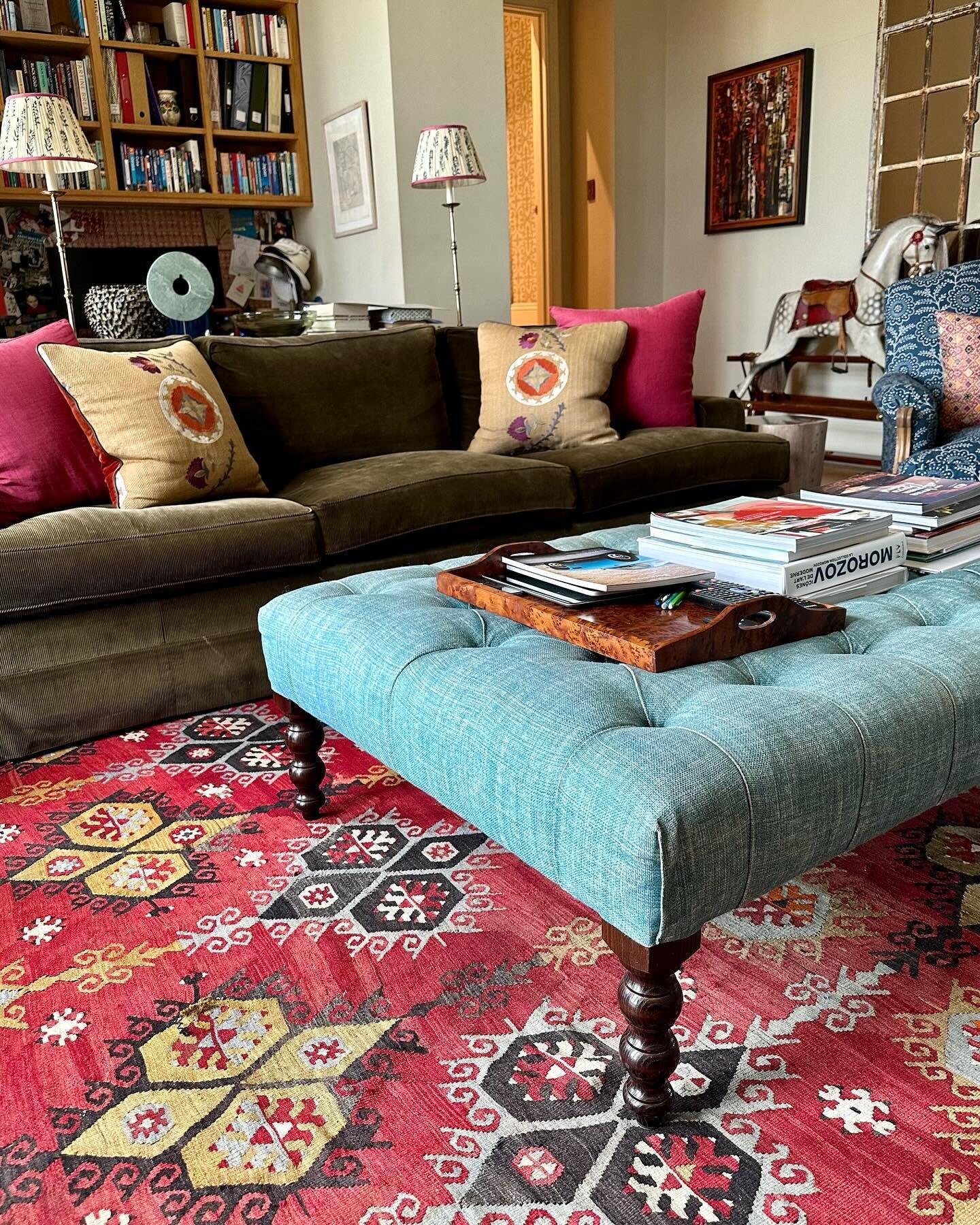 Easter weekend chill-out. Vintage kilims make a great backdrop for TV rooms and spaces which could do with a shot of colour and pattern. They&rsquo;re also tough and practical.  This one comes from Turkey and dates from around 1940: the colours of an