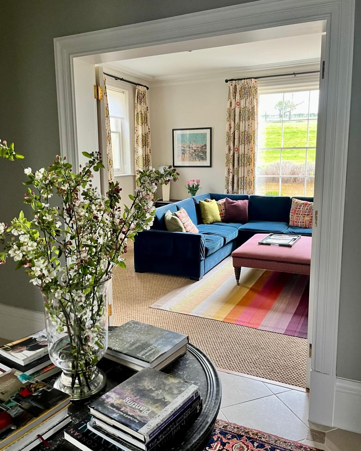 Visual flow. Client pic of progress on the informal TV/Sitting Room of this new manor house where the generous doorways mean that there are lots of views of one room from another, so the schemes all need to flow. #interiordesign #newbuild #countrylif