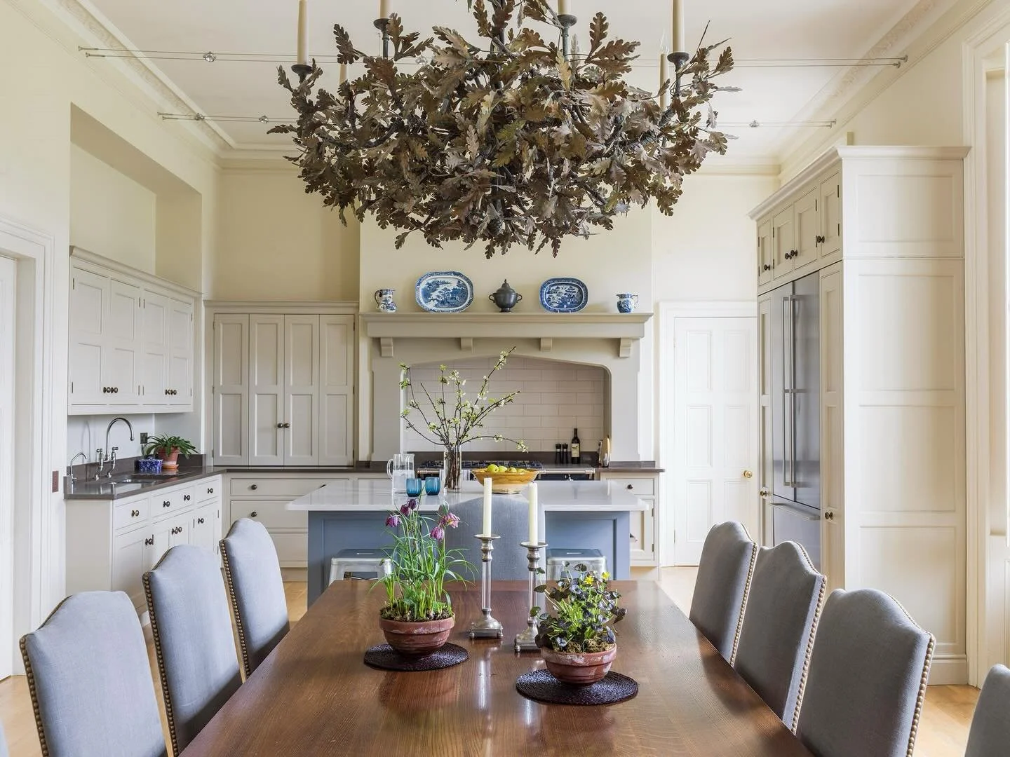 Spring bulbs beneath the spreading oak.  #previousproject #kitchendesign #chandelier #countryhousestyle #kitchendecor