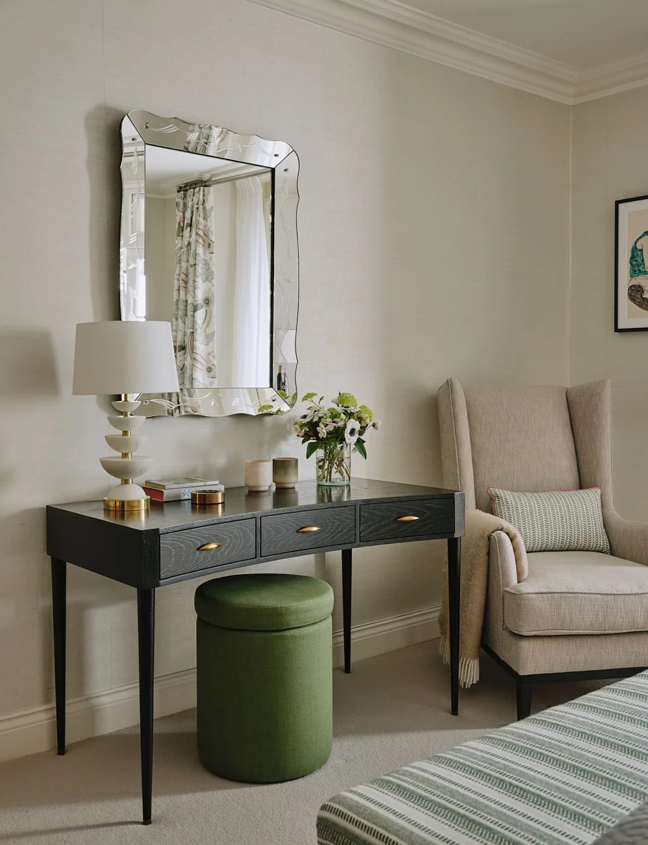Pale and interesting. A tranquil master bedroom scheme - the reflective grasscloth wallpaper and a vintage Venetian mirror bounce light around a space with great proportions but limited natural light. #interiordesign #bedroomdecor #londoninteriors #h