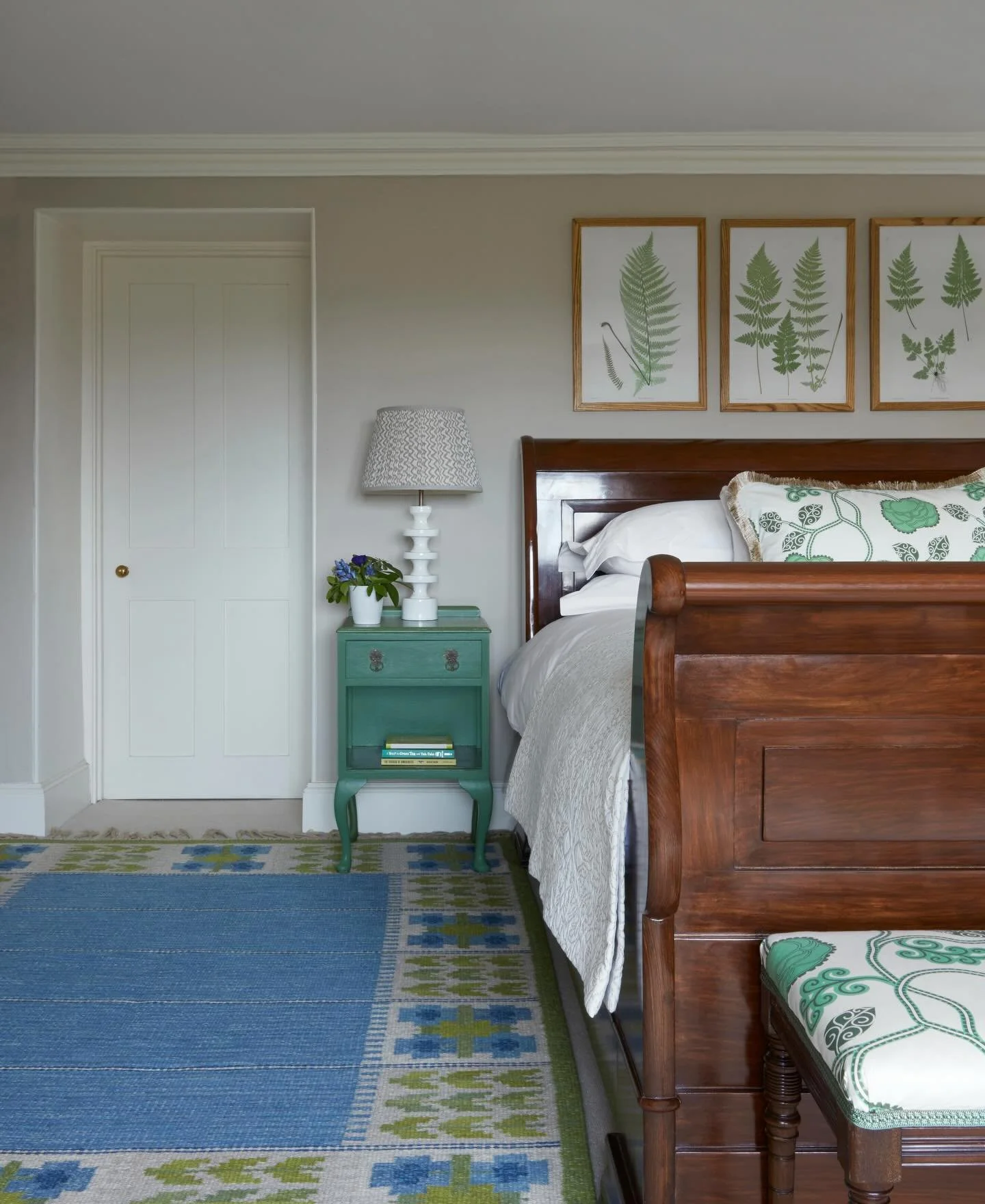 Fresh and green. The master bedroom from our Cotswold farmhouse project. The bedside tables were upcycled with &lsquo;Hopper&rsquo; paint from @littlegreenepaintcompany #interiordesign #bedroomdecor #howwedwell #farmhousechic #countryhousestyle
