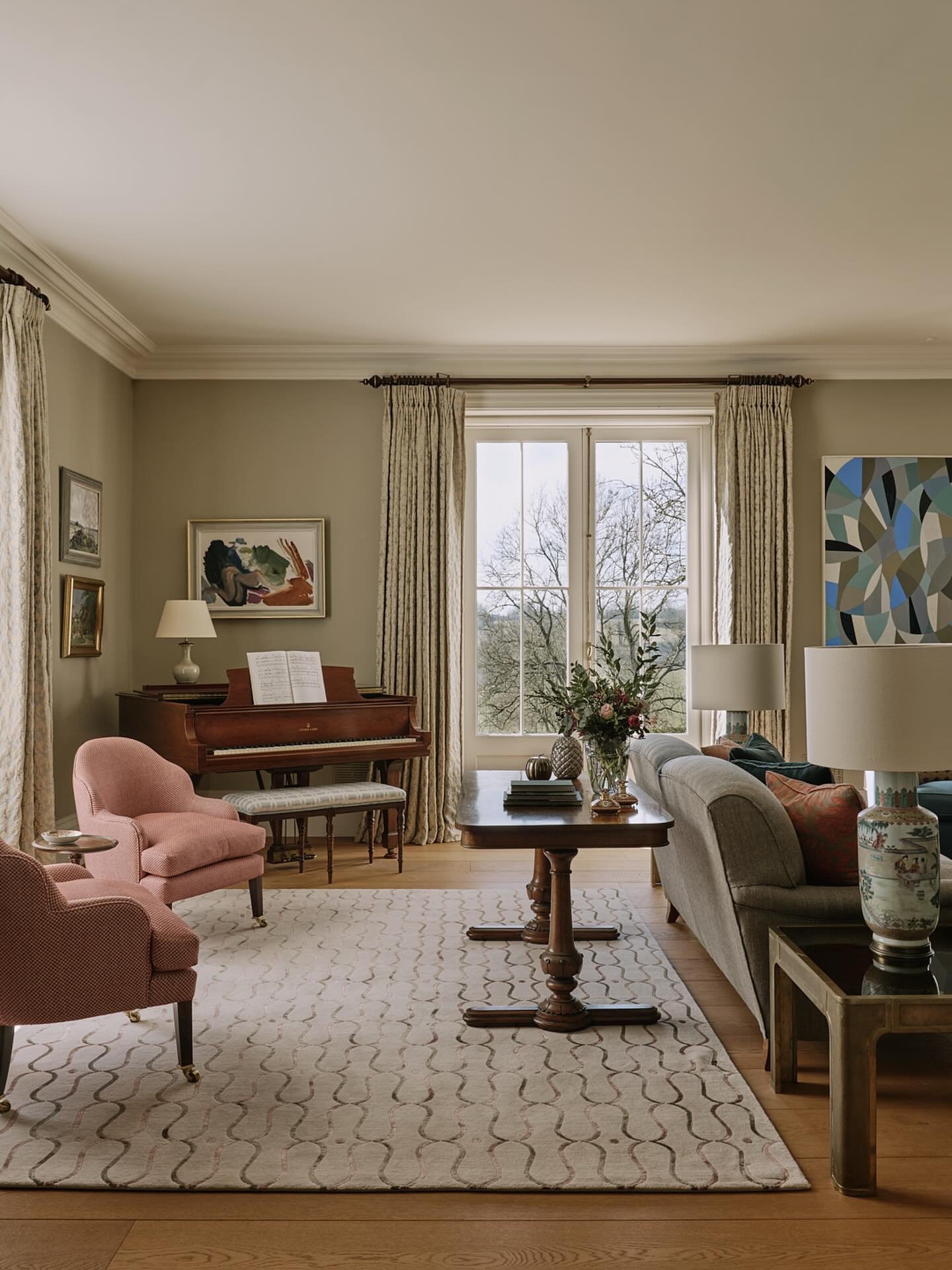 A dance to the music of time. When we helped the clients lay out this drawing room, we found a space for the old grand piano they had inherited. It sits happily with a British Modernist painting by #ivonhitchens and a pair of brass side tables from t