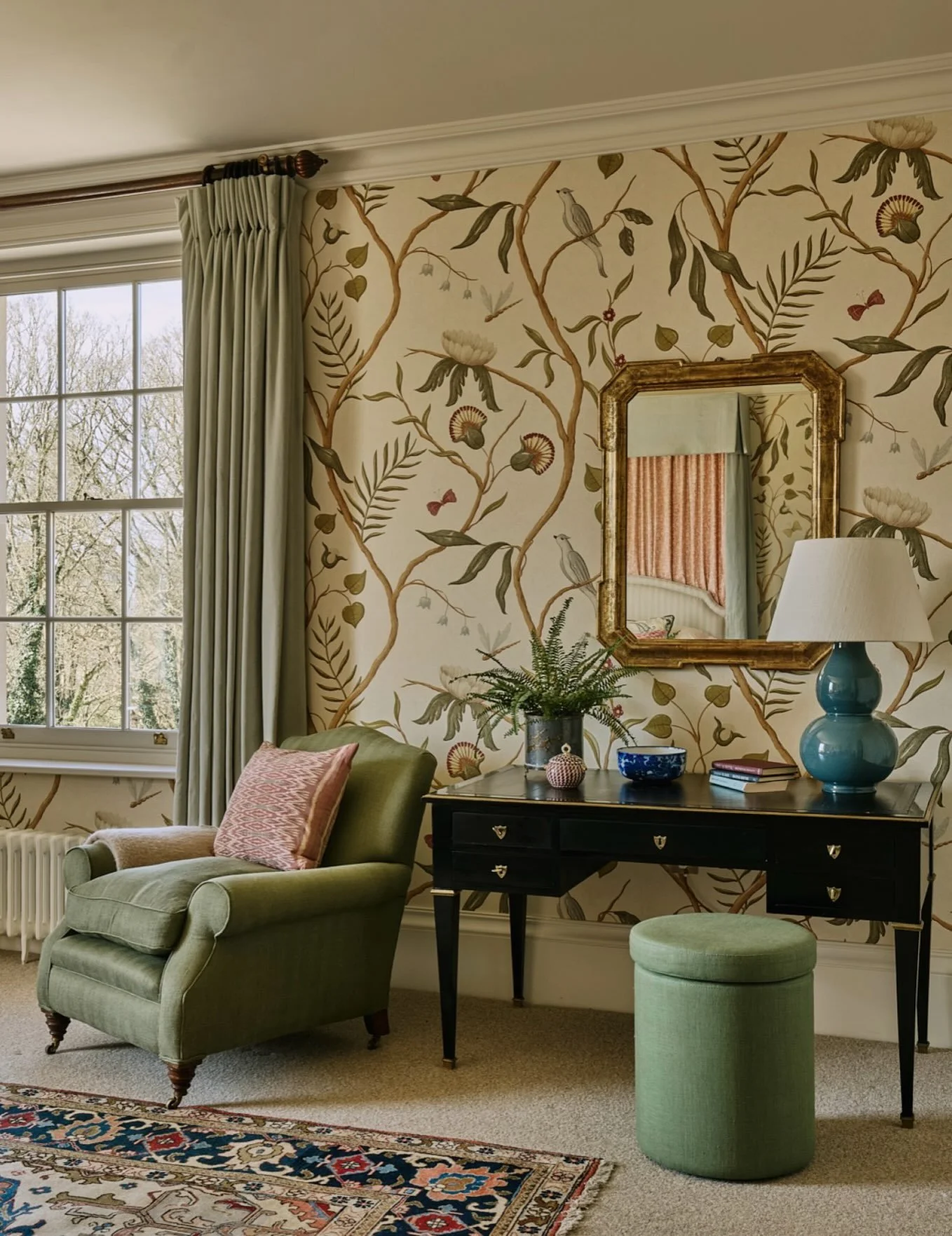 Turning over a fresh leaf. One of the guest bedrooms in our Oxfordshire manor house project. #interiordesign #bedroomdecor #wallpaper #countryhousestyle #bedroominspiration
