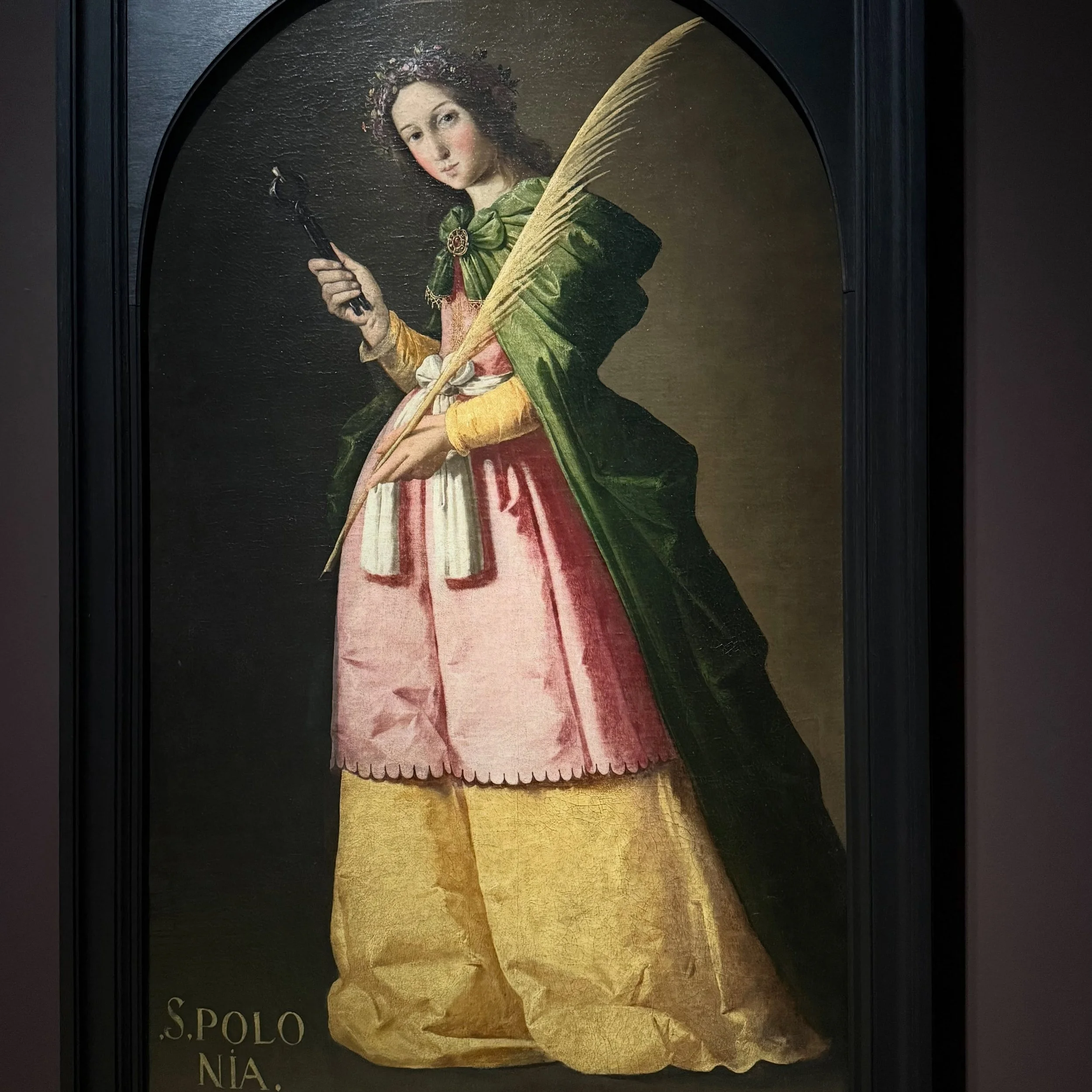 Amazed by the fabrics Zurbaran rendered in such detail - look at the colours of these silks and the pink scallop detail. This is Saint Apollonia, who was apparently tortured by having her teeth shattered, hence the patron saint of dentistry (and toot