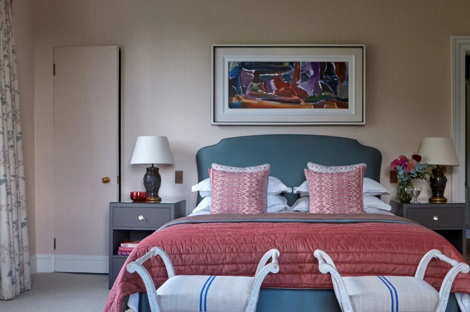 Wallpaper Wednesday. In this country house bedroom we wallpapered the jib door, minimising its visual impact.  #interiordesign #bedroomdecor #wallpaper #bedroomdesign #designinspiration