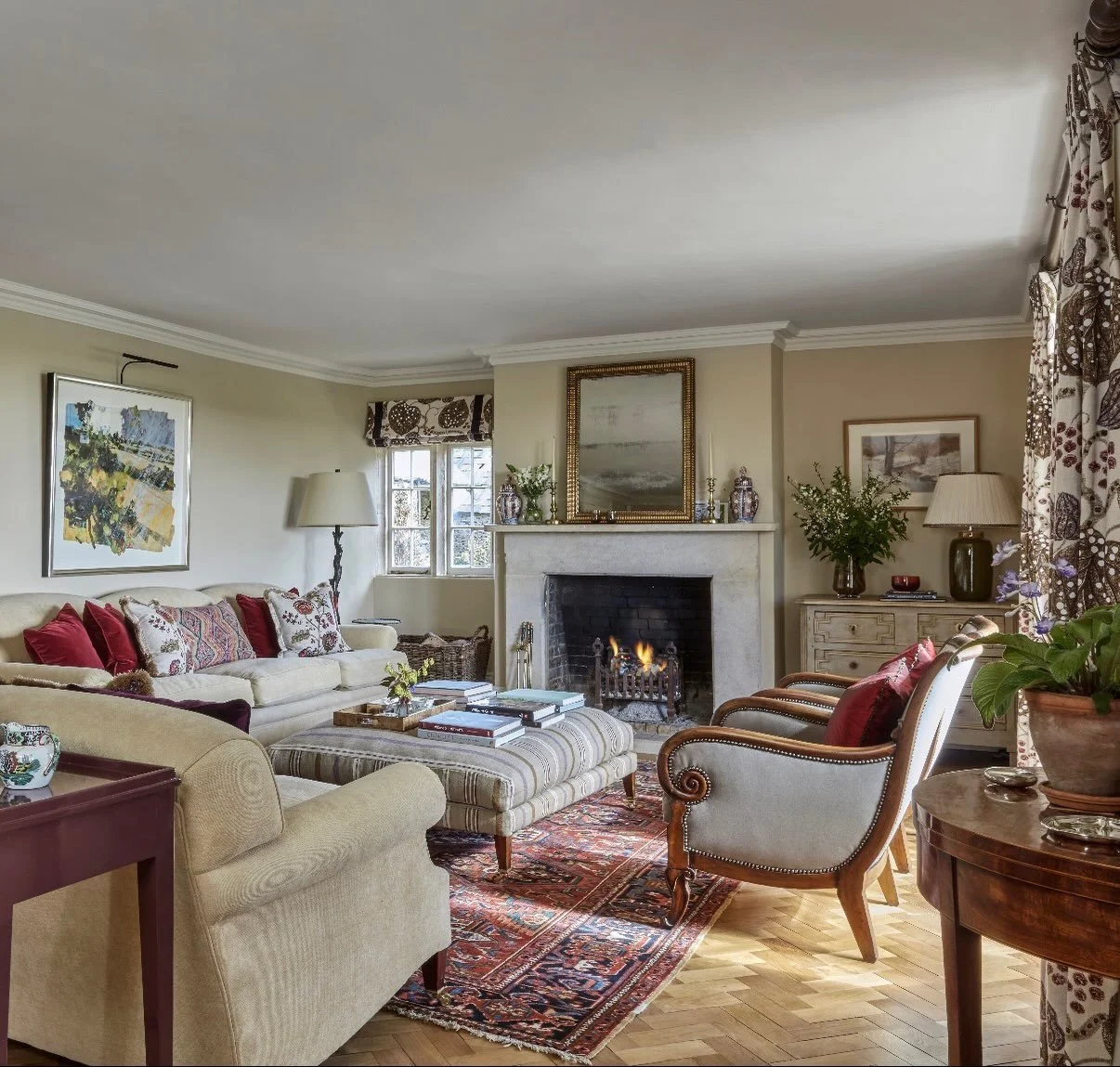 The oak parquet in the sitting room from our Cotswolds farmhouse project has an interesting story: it was given to the client&rsquo;s father in payment for a debt and had sat in a barn for many years before we used it as part of the design. #sittingr