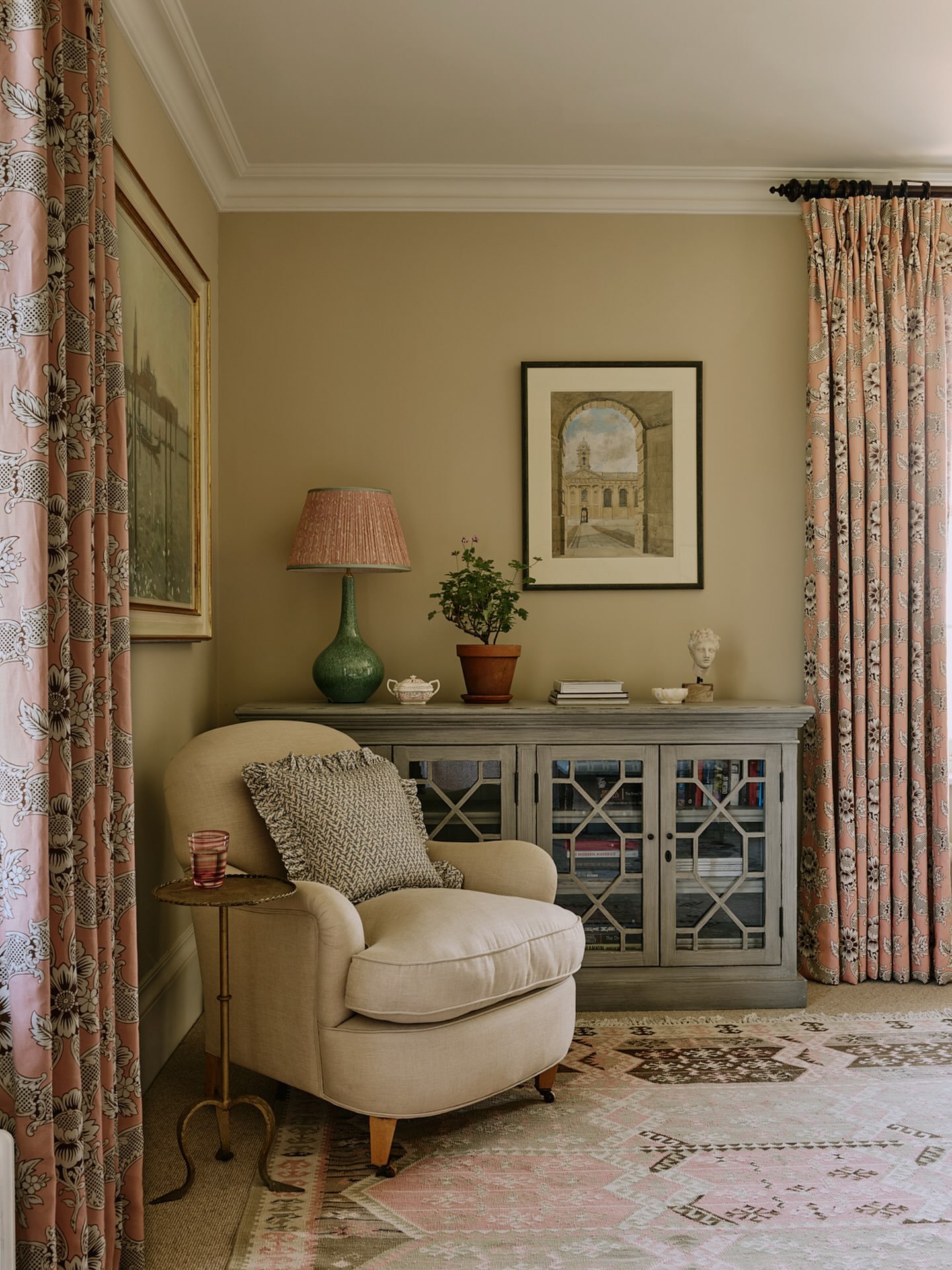 In the pink. The corner of one of the guest bedrooms in our Oxfordshire manor house project. The room faces north east and pink often works well in rooms with cool northern light. #interiordesign #bedroomdecor #howwedwell #countryhousestyle #bedroomi