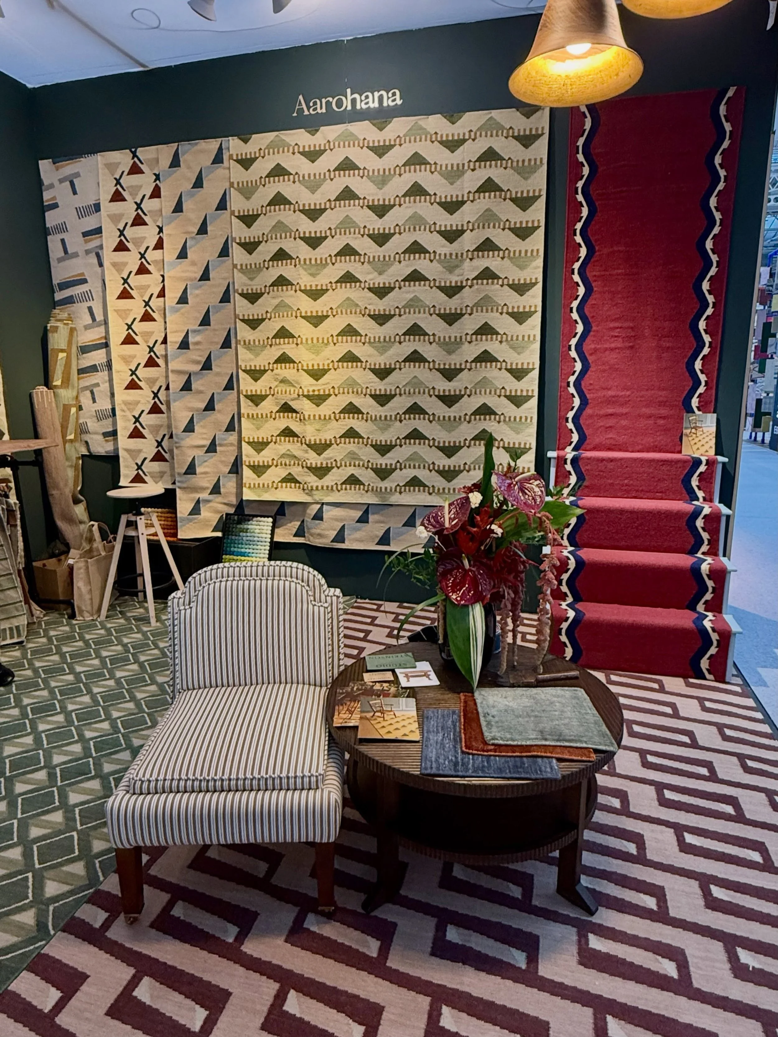 Doing the rounds @decorex: loved the Bloomsbury Group feel of the flatweaves at @aarohanahome, with their bold geometrics and strong rich colours. And always drawn to @marthearmitageprints - who can believe she is 95! Her designs are as fresh and com