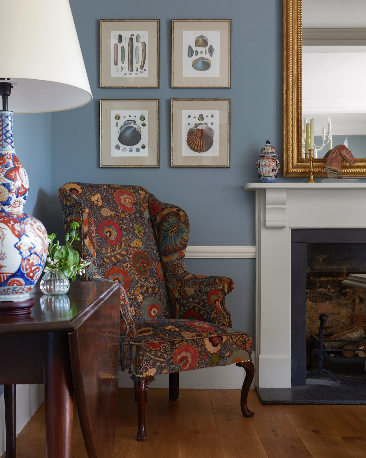 Feeling autumnal.  Velvet wing armchair in the corner of the dining room in one of our country house projects. #interiordesign #diningroomdecor #countryhousestyle #diningroomdesign #howwedwell
