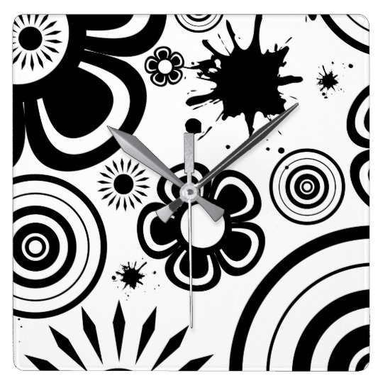 black_white_whimsical_flowers_circles_splatter_square_wall_clock.jpg