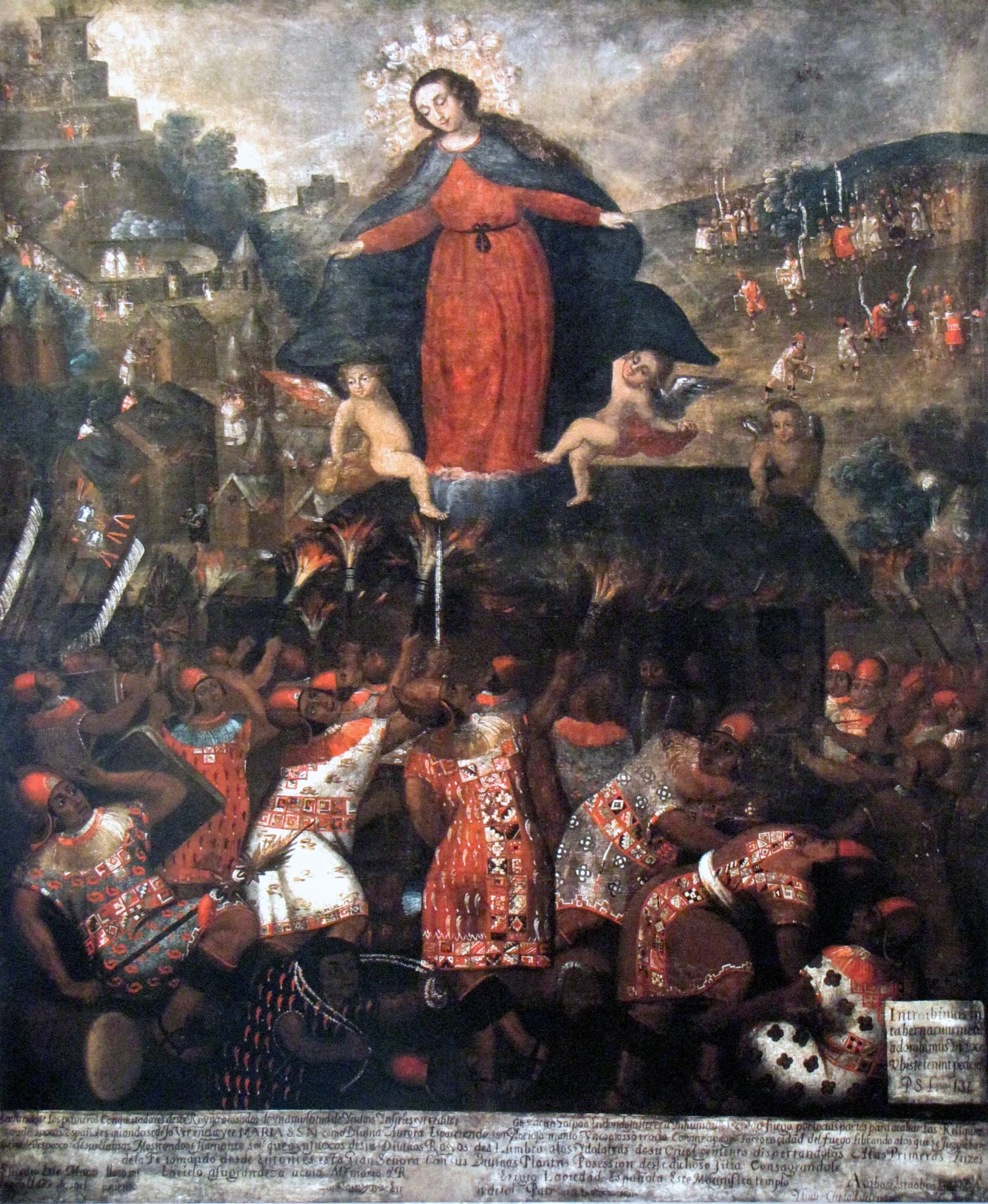 Virgin Mary appearing and spreading cloak held by putti while Incan figures gather below trying to reach her