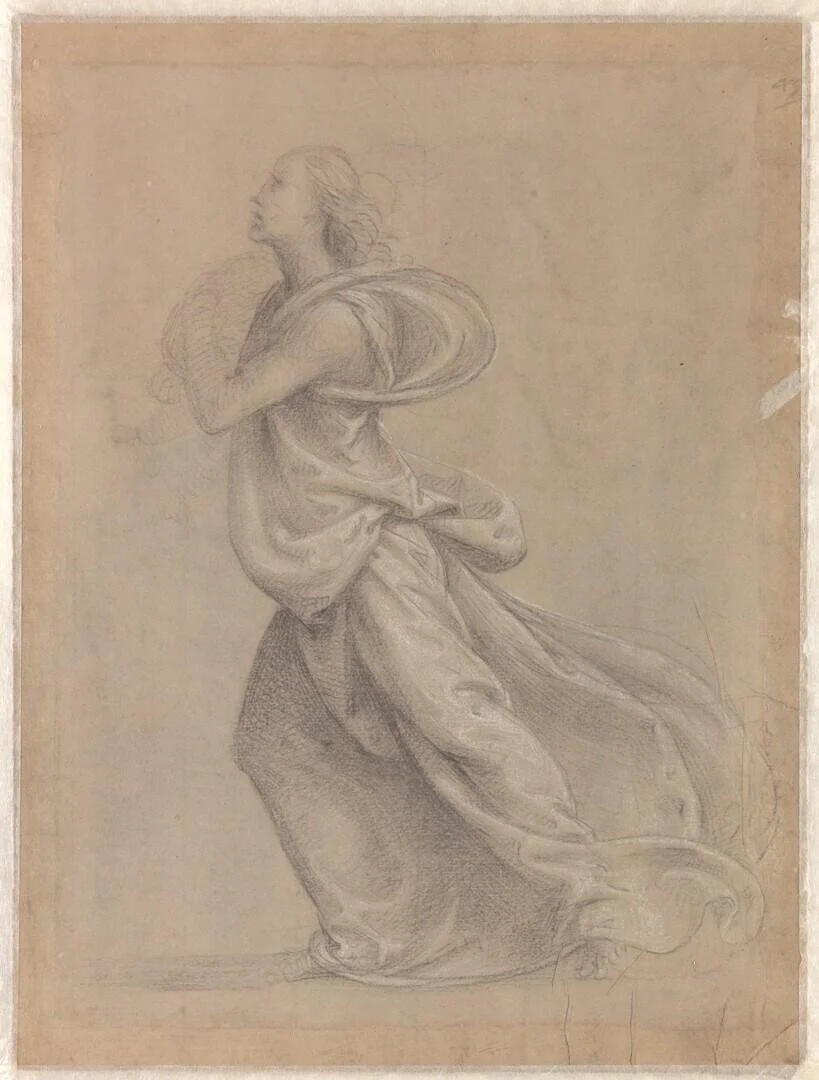 Drawing of angel in flowing robes, shown in profile with hands crossed facing left
