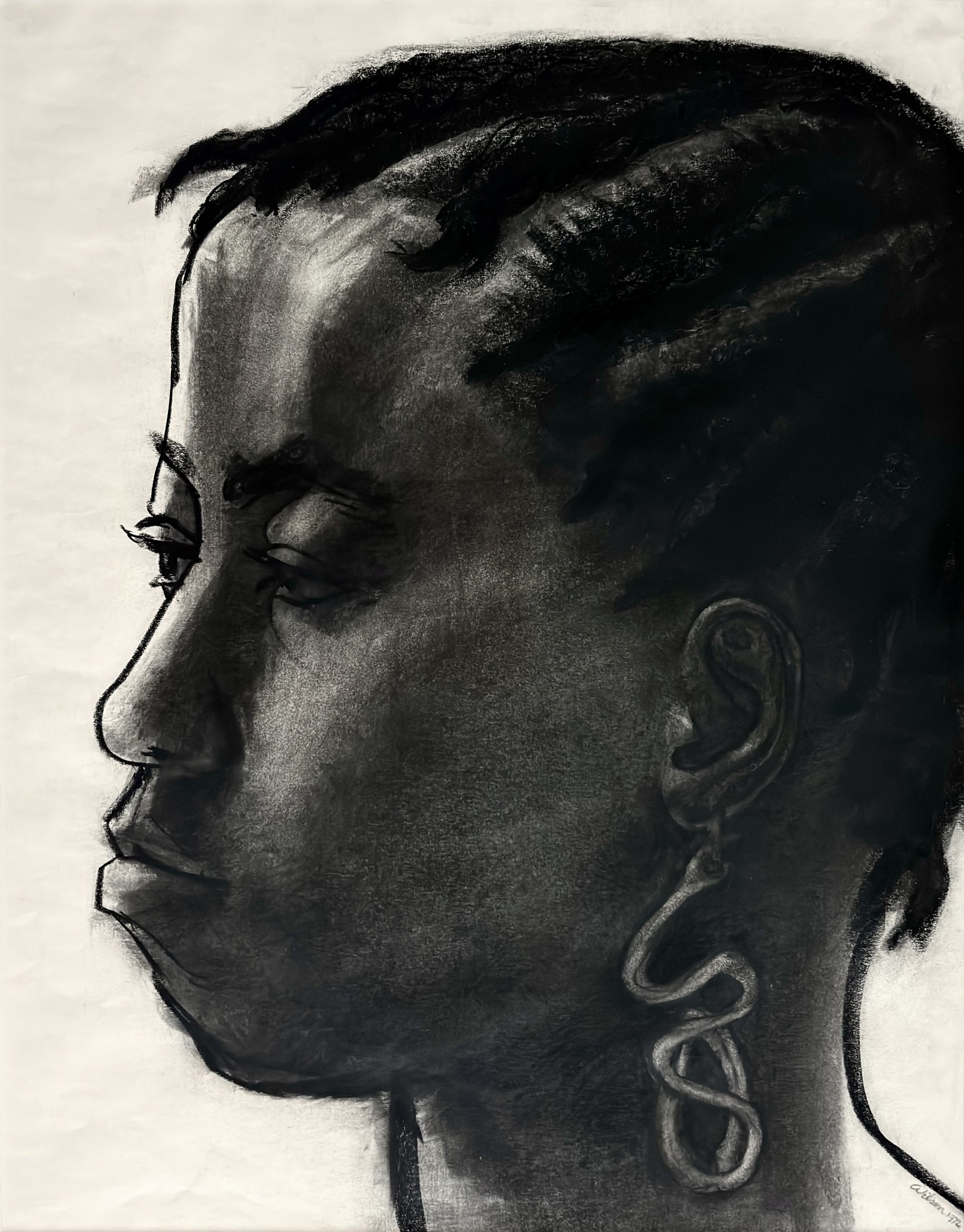 Sketch of the face of a black woman with short hair wearing a earring