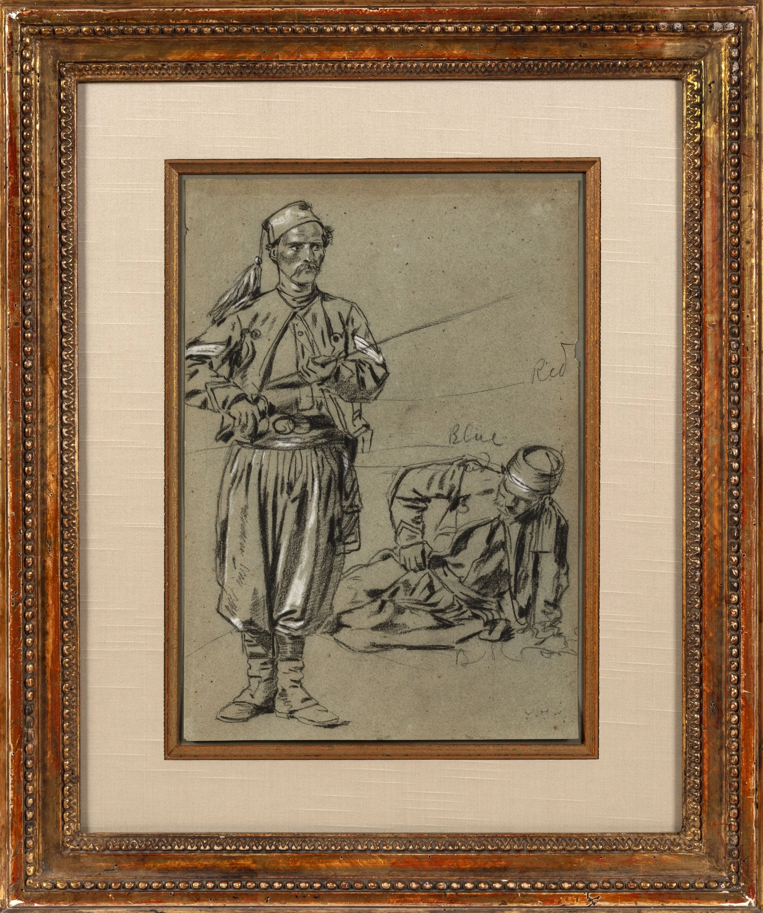 Sketch of two soldiers wearing tasseled caps, filigreed jackets, and baggy trousers: one standing and holding sword, and the other crouching on the ground