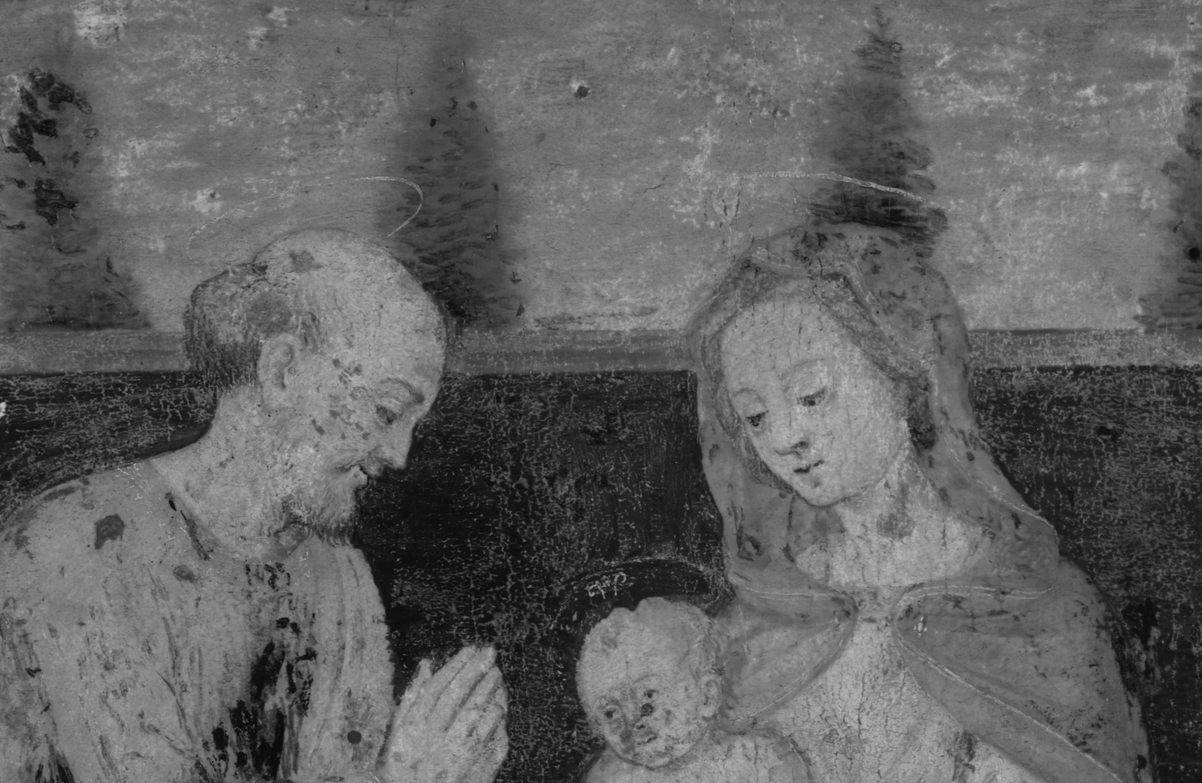 Black and white infrared detail showing two heads and the underdrawing of a bowl