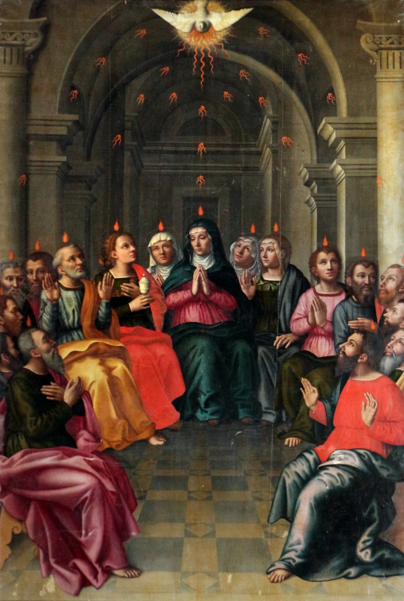 Apostles and Mary receive the Holy Spirit as flames descend beneath a dove