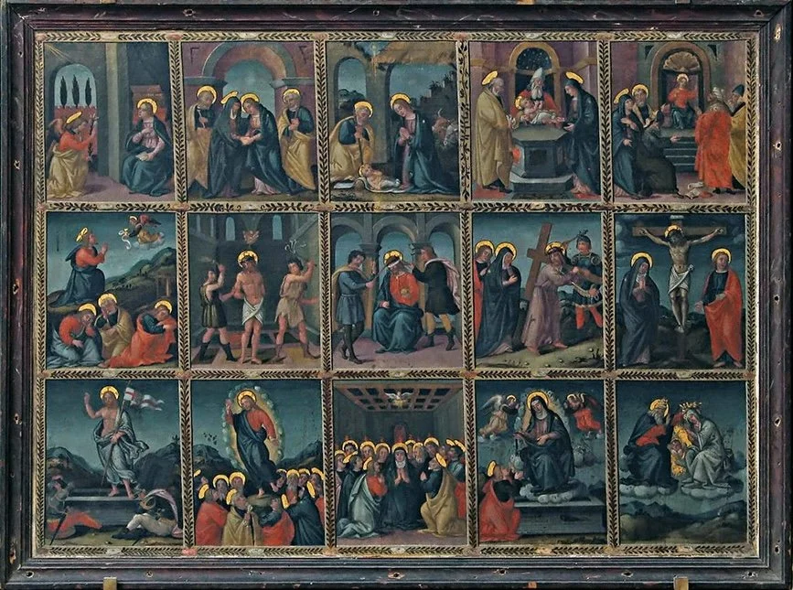 Fifteen small painted scenes from the lives of the Virgin and Christ arranged in a grid