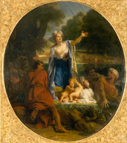 Oval painting shows Leto raising arms beside children while peasants gather near riverside landscape