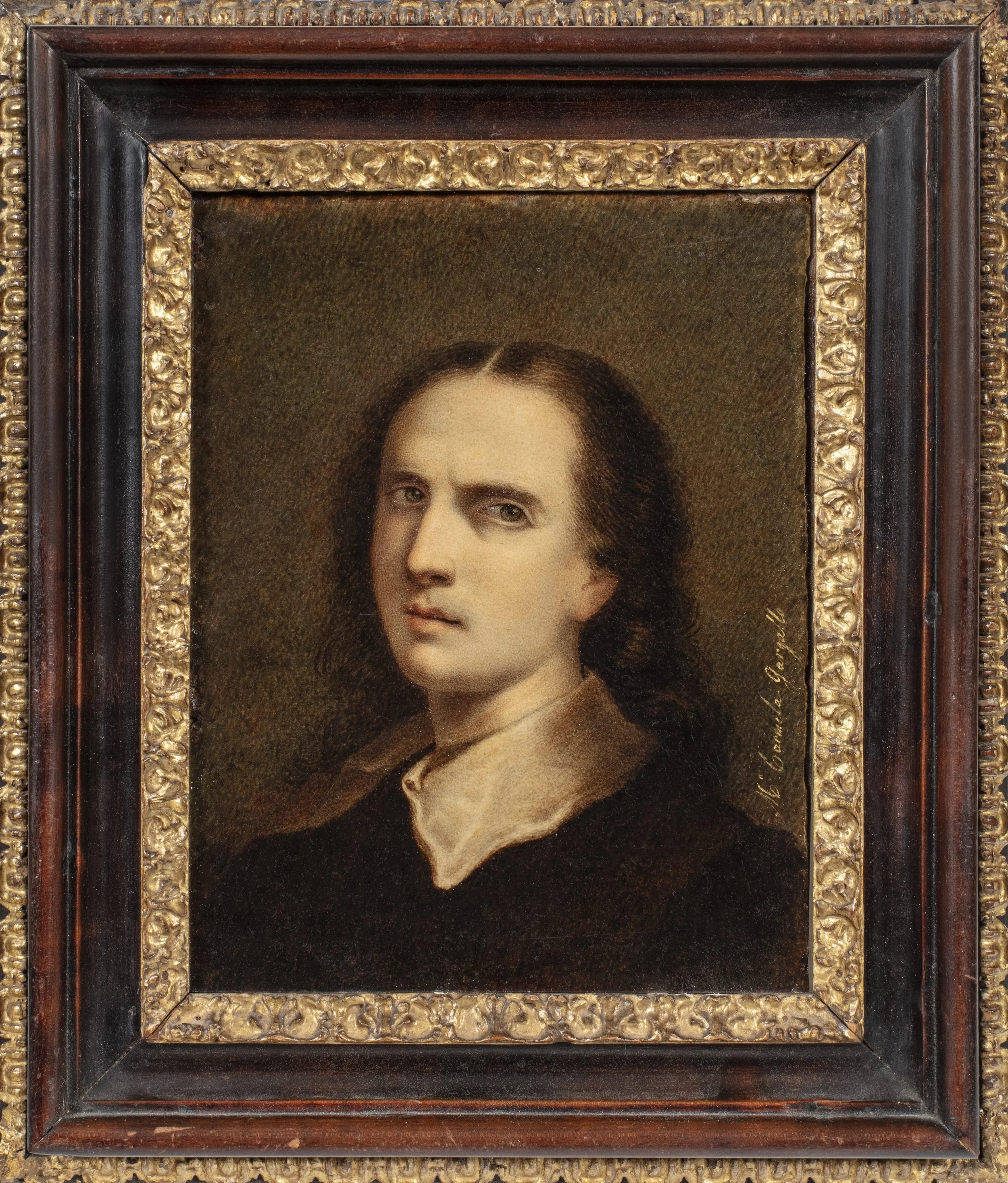 Bust-length man with long hair wearing a black garment with a large white collar posed in three-quarter profile.