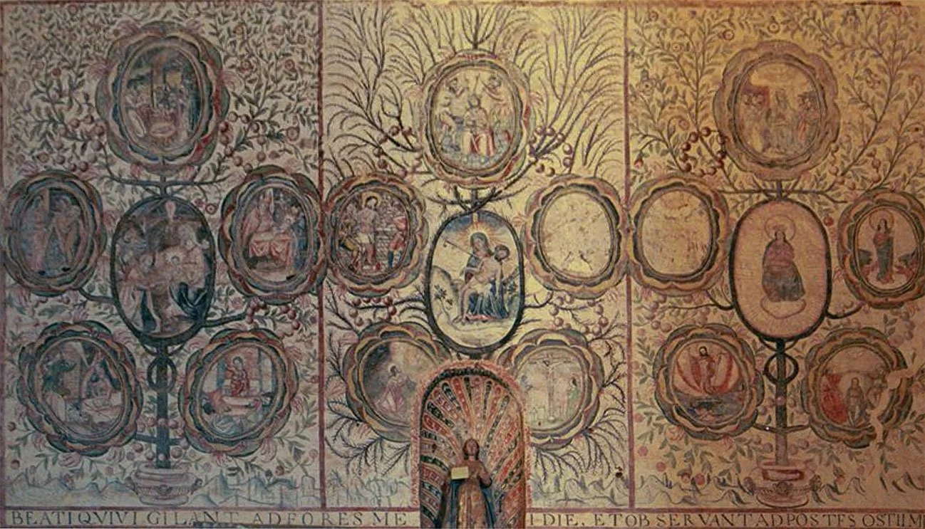 Mural paintings of Virgin and Child in the middle of rose tree surrounded by biblical scenes and flowers