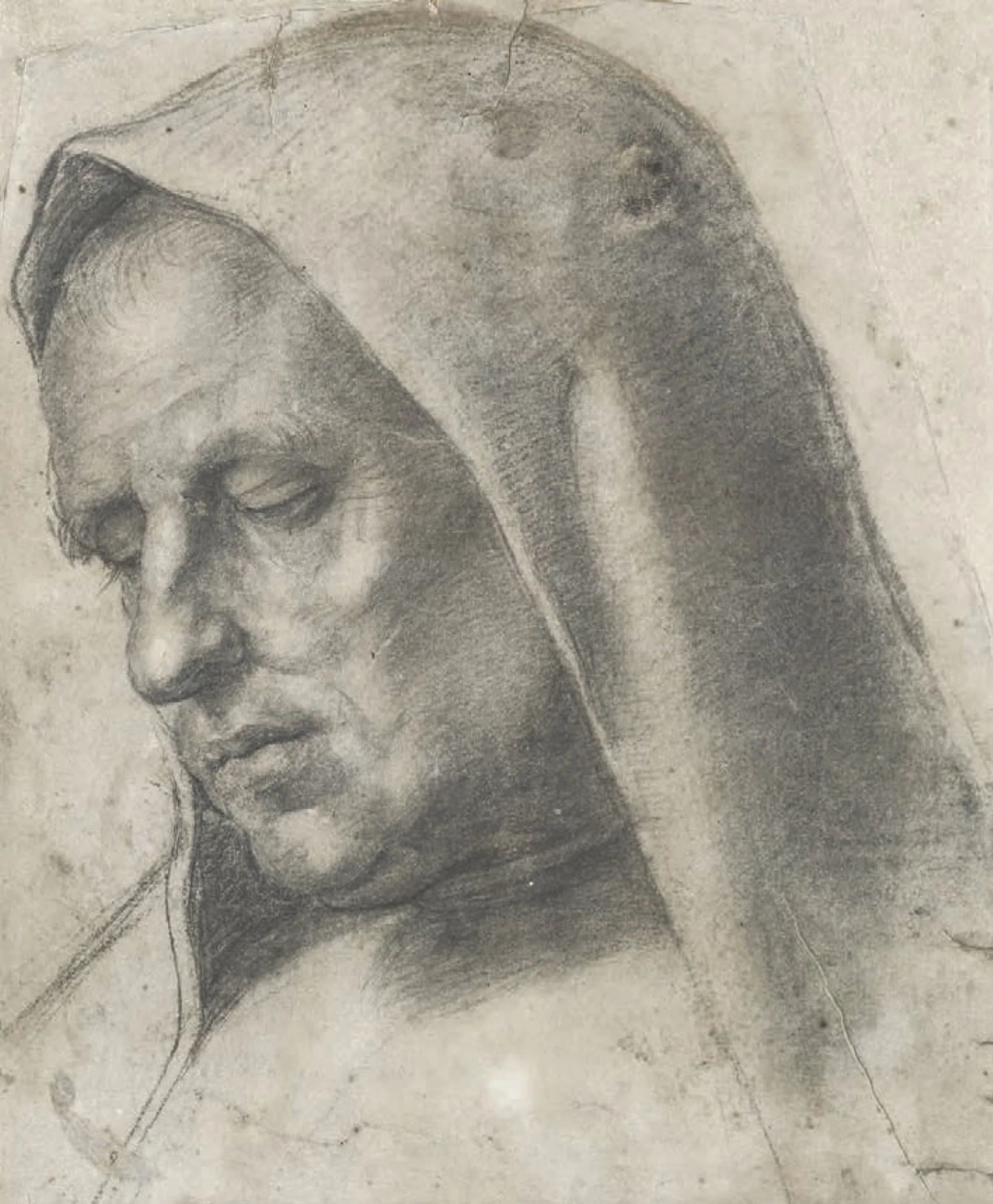 Drawing of a hooded monk with downcast eyes