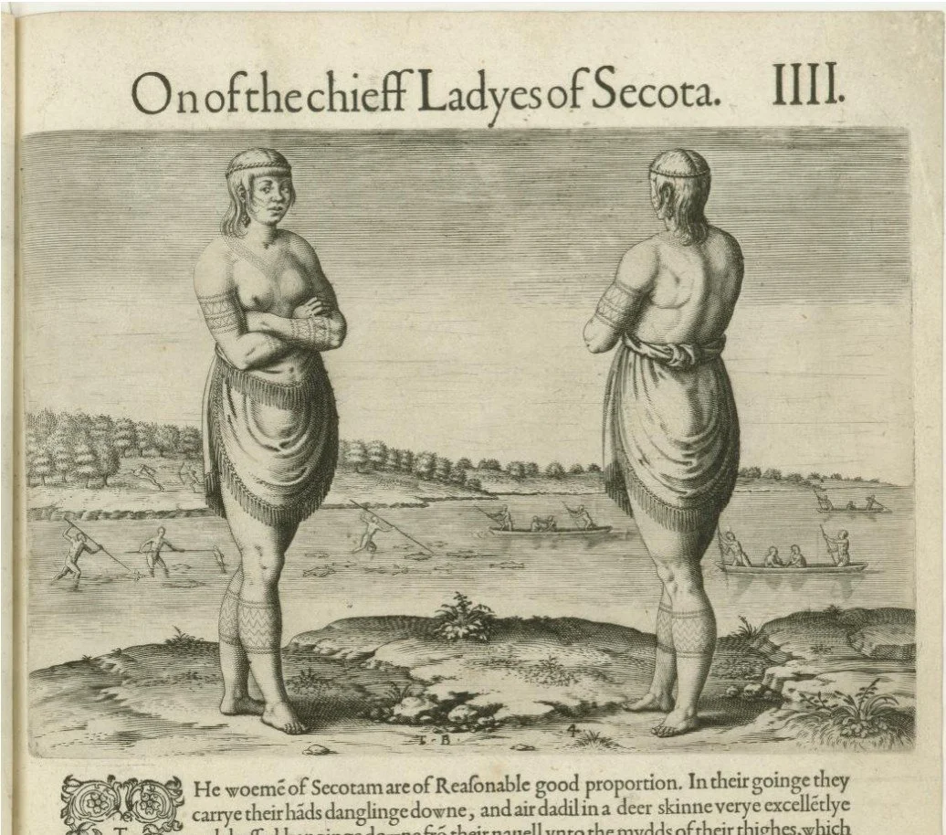 Black and white image of front and back of a female villager half naked