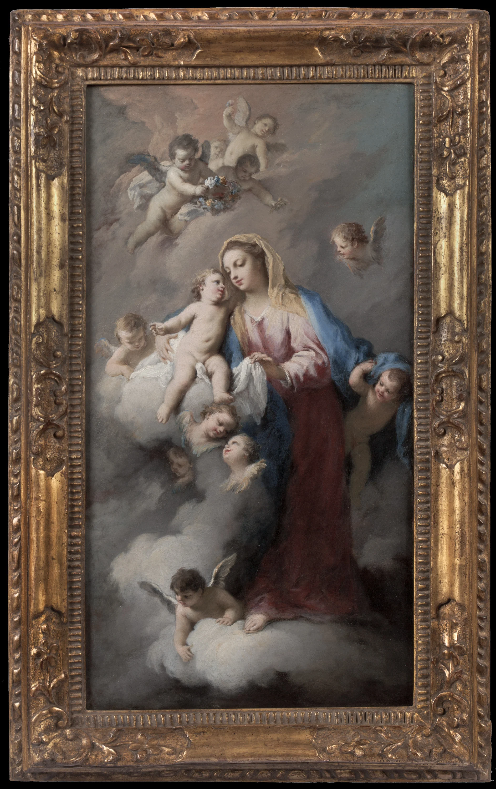JACOPO AMIGONI (Italian, ca. 1680 - 1752) Madonna and Child with Angels in the Clouds Oil on canvas 23 1/4 x 12 1/2 inches (59 x 31.7 cm)