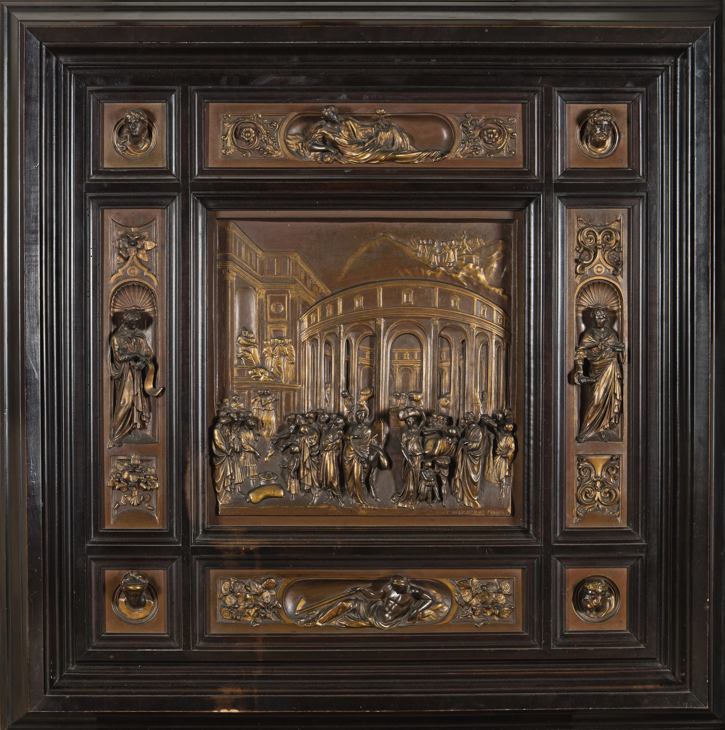 FERDINAND BARBEDIENNE (French, 1810 - 1892) after LORENZO GHIBERTI (Italian, 1378 - 1455) The Story of Joseph From the Second Baptistery Doors, Florence ("The Gates of Paradise") Signed at the lower right of the principal relief: F. BARBEDIENNE FONDEUR Bronze relief set in a wooden frame 27 1/2 x 27 1/2 inches (70 x 70 cm.)