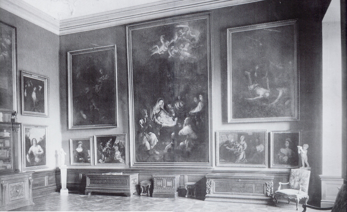 Photograph of Room III in the Liechtenstein Garden Palace, Rossau, Vienna, ca. 1900. The Beinaschi Martyrdom of St. Peter can be seen to the right of Guido Reni’s Adoration of the Shepherds, acquired by the National Gallery, London, from the Prince of Liechtenstein in 1957.