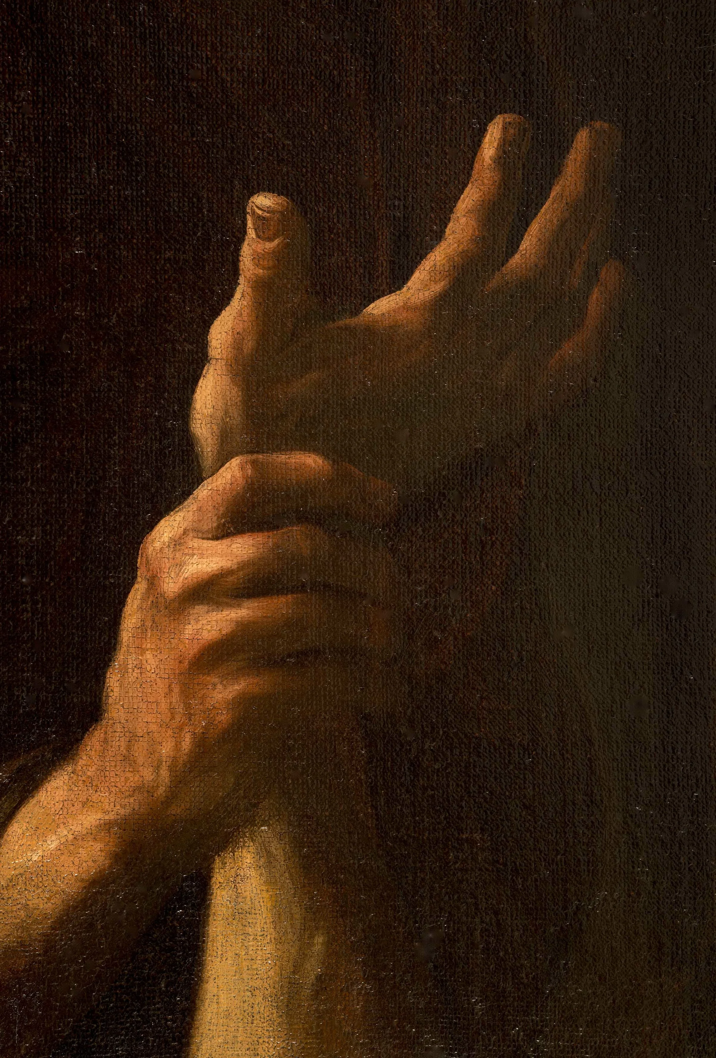 GIOVANNI BATTISTA BEINASCHI (Fossano, near Turin 1636-1688 Naples) The Martyrdom of Saint Peter Oil on canvas 114½ x 76 inches (290.8 x 193.1 cm) detail of HAND