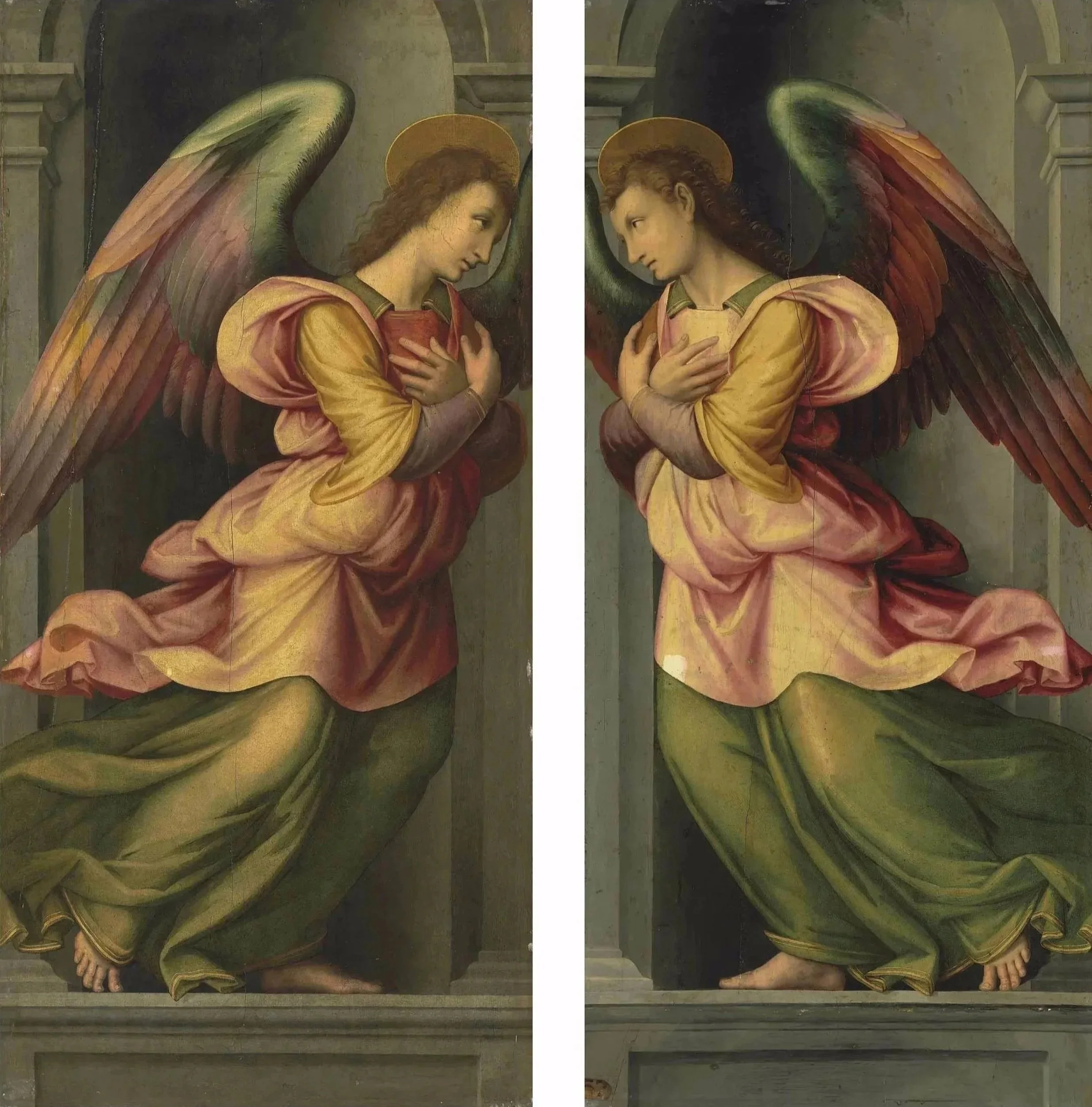 Two winged angels in colorful robes face each other within an architectural setting of columns and arches