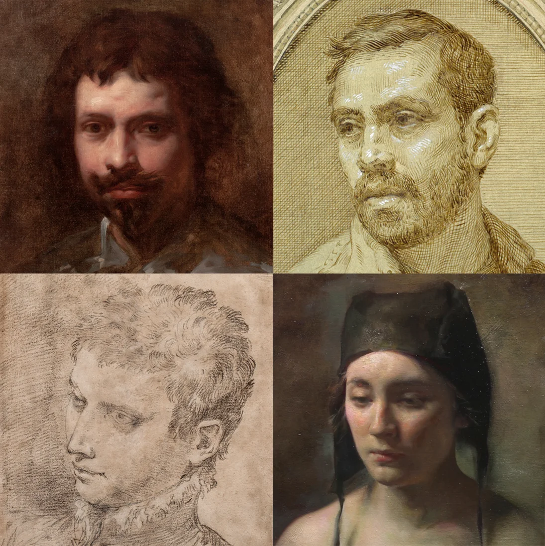 (Clockwise from top left) Simon Vouet (Paris 1590-1649) Portrait of a Young Man , oil on canvas, 16 ¾ x 13 ⅝ inches; Anthony Baus, Self-Portrait , 2017, ink and wash on paper, 11 x 15 inches; Colleen Barry, Black Hat , 2018, oil on wood, 12 x 12 inches; Donato Creti (Cremona 1671 – Bologna 1749) Study of a Young Man , black chalk with white heightening on paper, 16 ½ x 12 inches. All images are details.