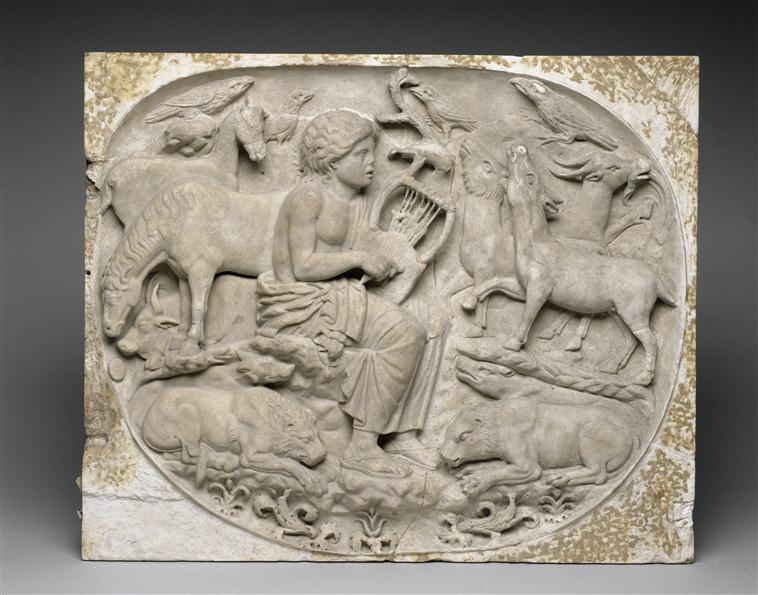 Fig. 1. Second century AD(?), Orpheus and the Animals , marble, 26 x 35 inches (66 x 89 cm), Paris, Louvre, inv. no. Ma 3683